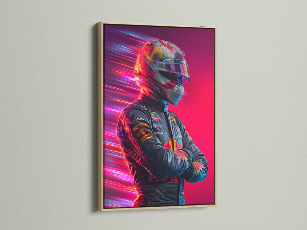 Formula Racing canvas art featuring a driver portrait. This motorsport artwork is framed in oak. A neon design accents the piece. Perfect for office or home decor.