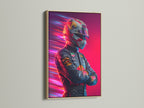 Formula Racing art displayed in an oak frame. This modern automotive wall art piece features neon speed. Perfect for car enthusiasts and man cave decor. Enhance your walls with this racing poster.