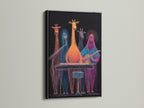 The black frame highlights the giraffe band artwork. This colorful music wall decor is vibrant. The neon animal musicians print is eye-catching. Perfect for a funky music room or playful nursery. This animal band canvas adds a quirky touch. Find vibrant animal art here.