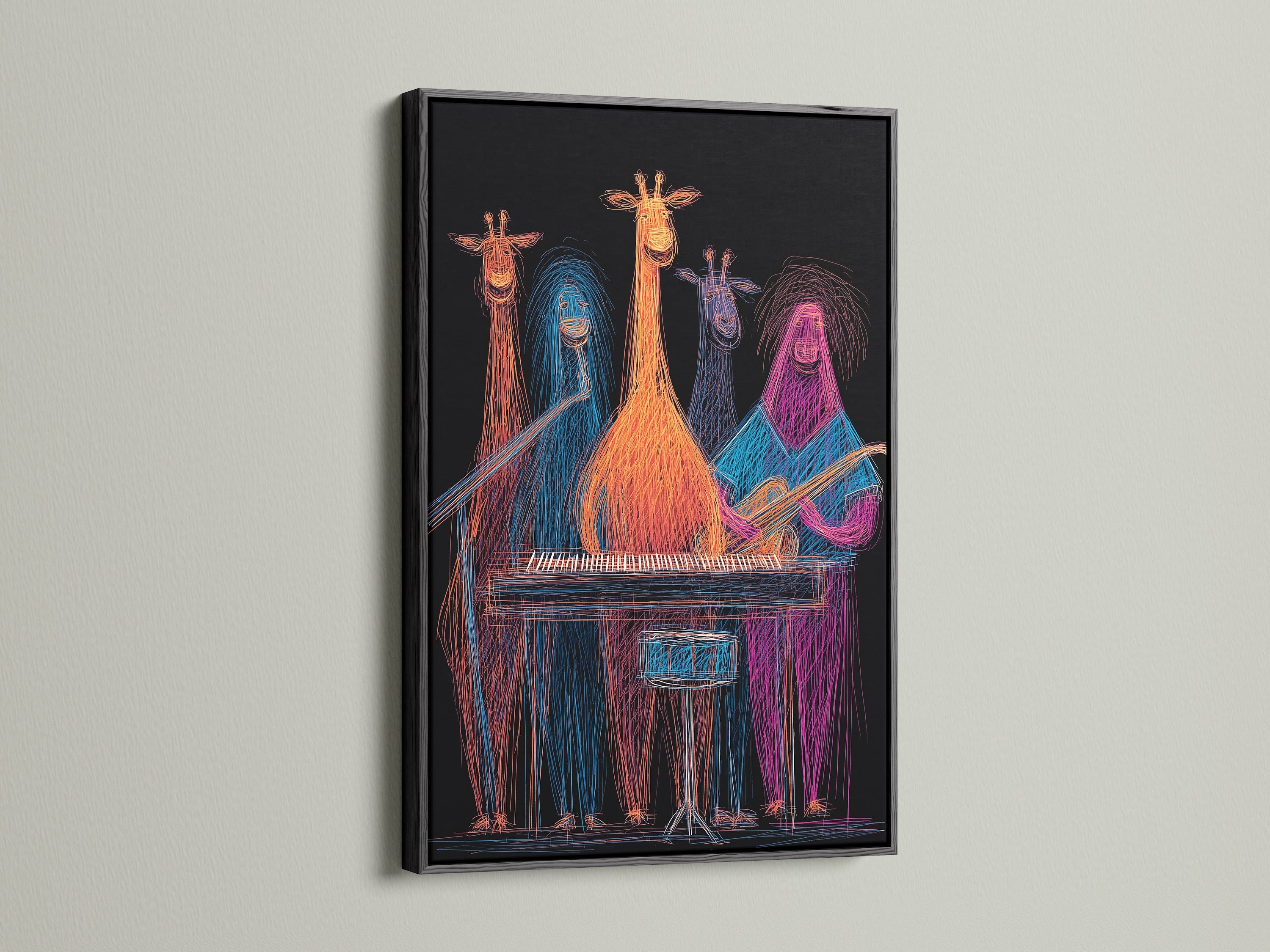 The black frame highlights the giraffe band artwork. This colorful music wall decor is vibrant. The neon animal musicians print is eye-catching. Perfect for a funky music room or playful nursery. This animal band canvas adds a quirky touch. Find vibrant animal art here.