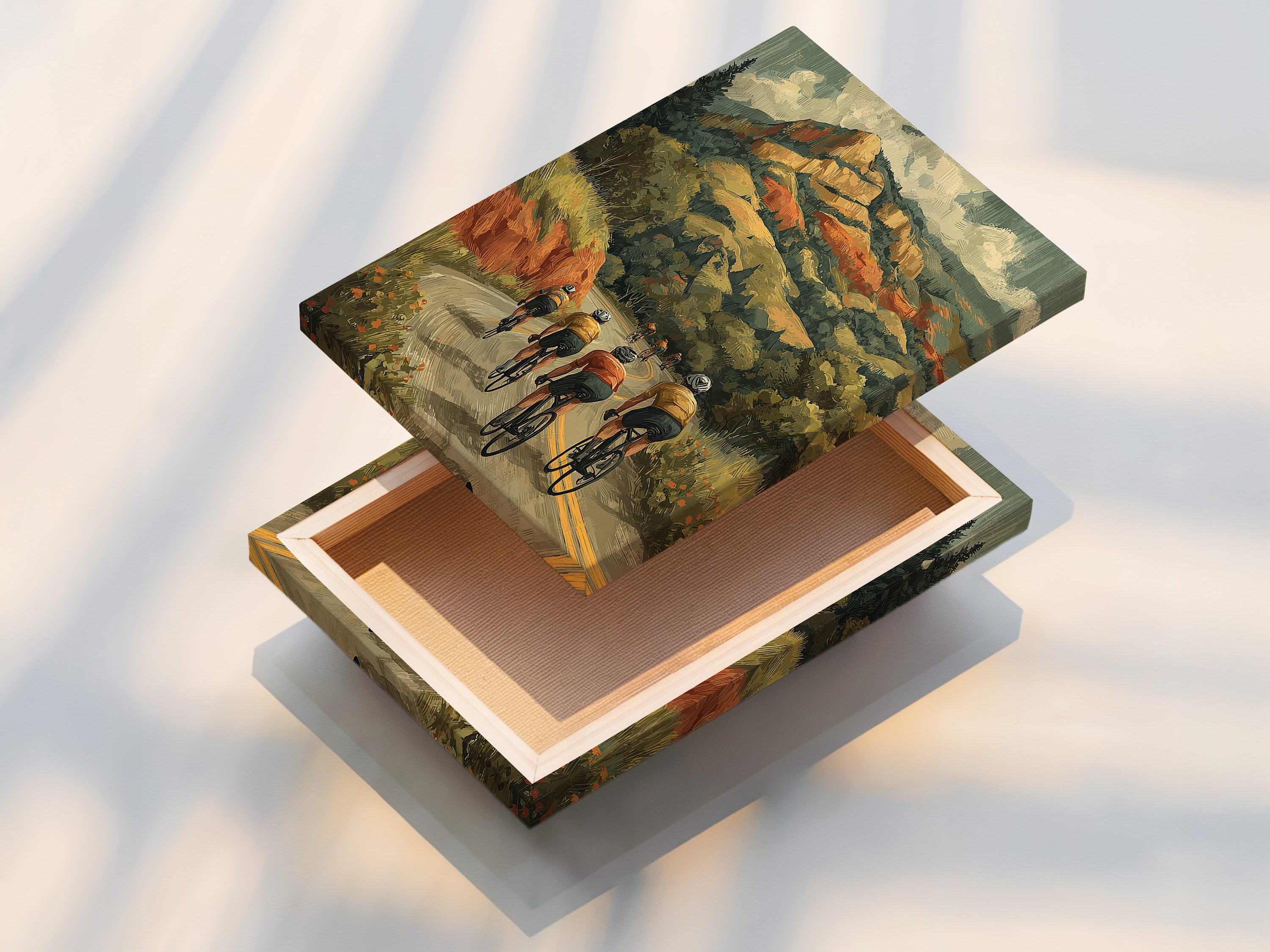 A stretched canvas print featuring cycling wall art. The artwork shows cyclists riding up a mountain road. Ready to hang and enjoy. This vintage sports canvas art adds a touch of retro charm to any room. Shop now