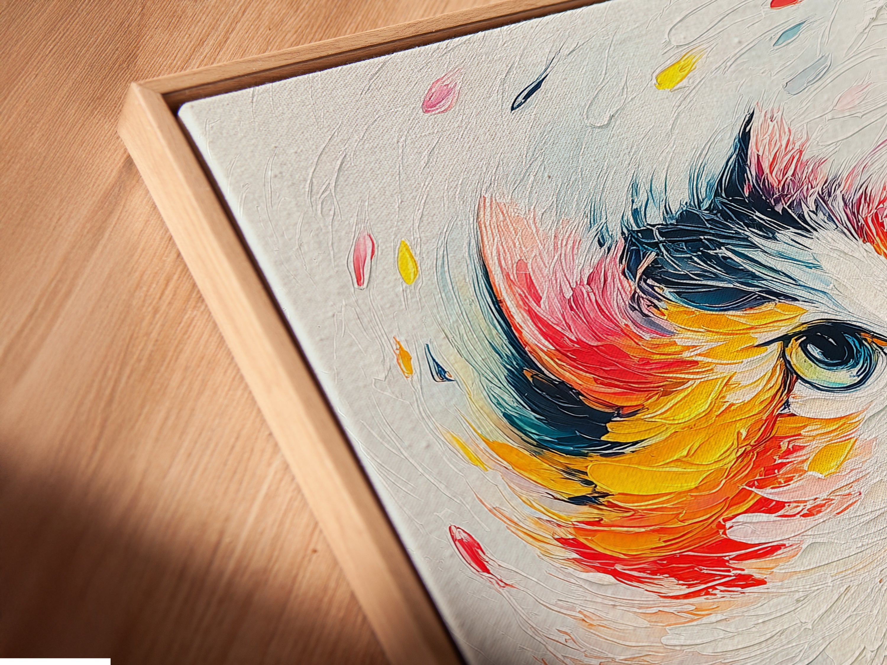 A close-up shows a canvas print in a floating frame. The colorful abstract feline artwork appears to float within the frame. This modern cat artwork is perfect for adding a unique touch. It will enhance your bedroom or living space decor.