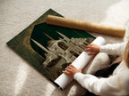 A woman is carefully rolling a fine art poster paper print of the Islamic Architecture Artwork. The poster captures the beauty of the mosque with emerald green and gold details. Perfect for art enthusiasts. This is a versatile option for decorating any room with islamic inspired artwork.