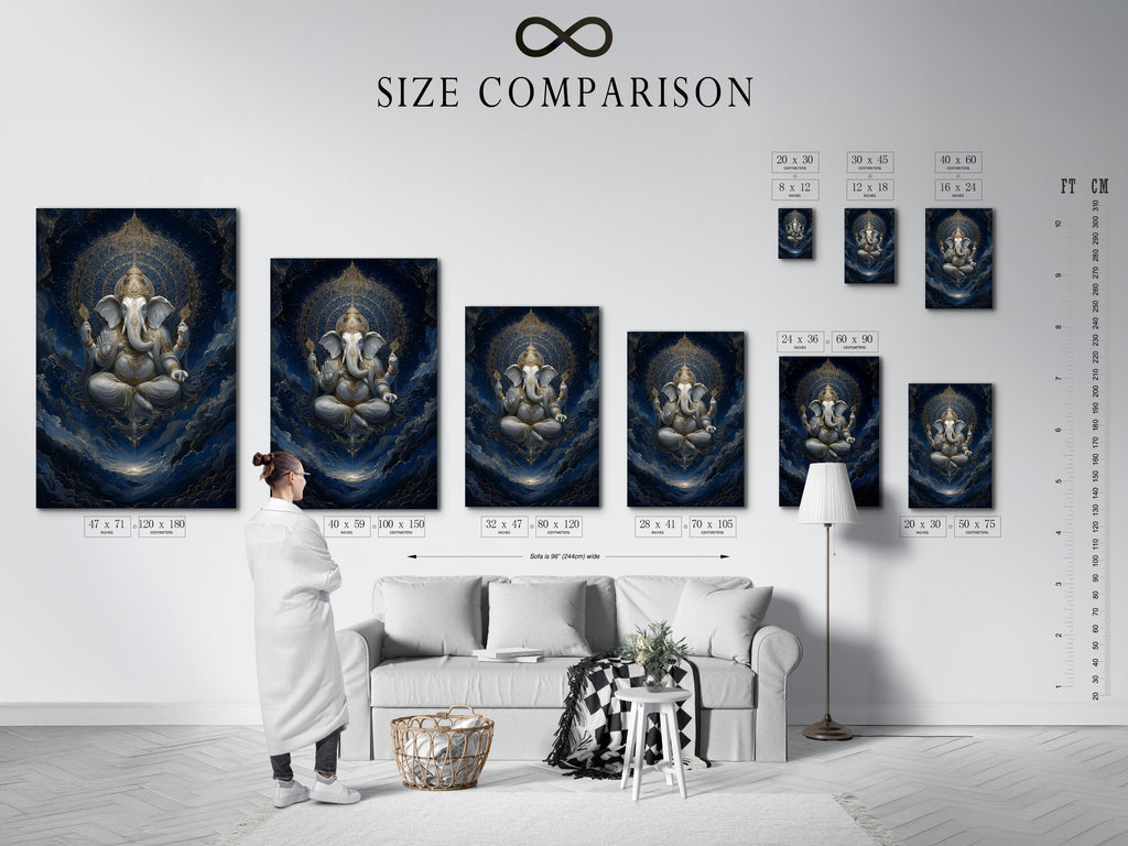 Size comparison chart for Ganesha artwork displayed in an interior setting. See how the Hindu deity print fits in your home. This spiritual wall decor is perfect for various spaces. Use this for reference.