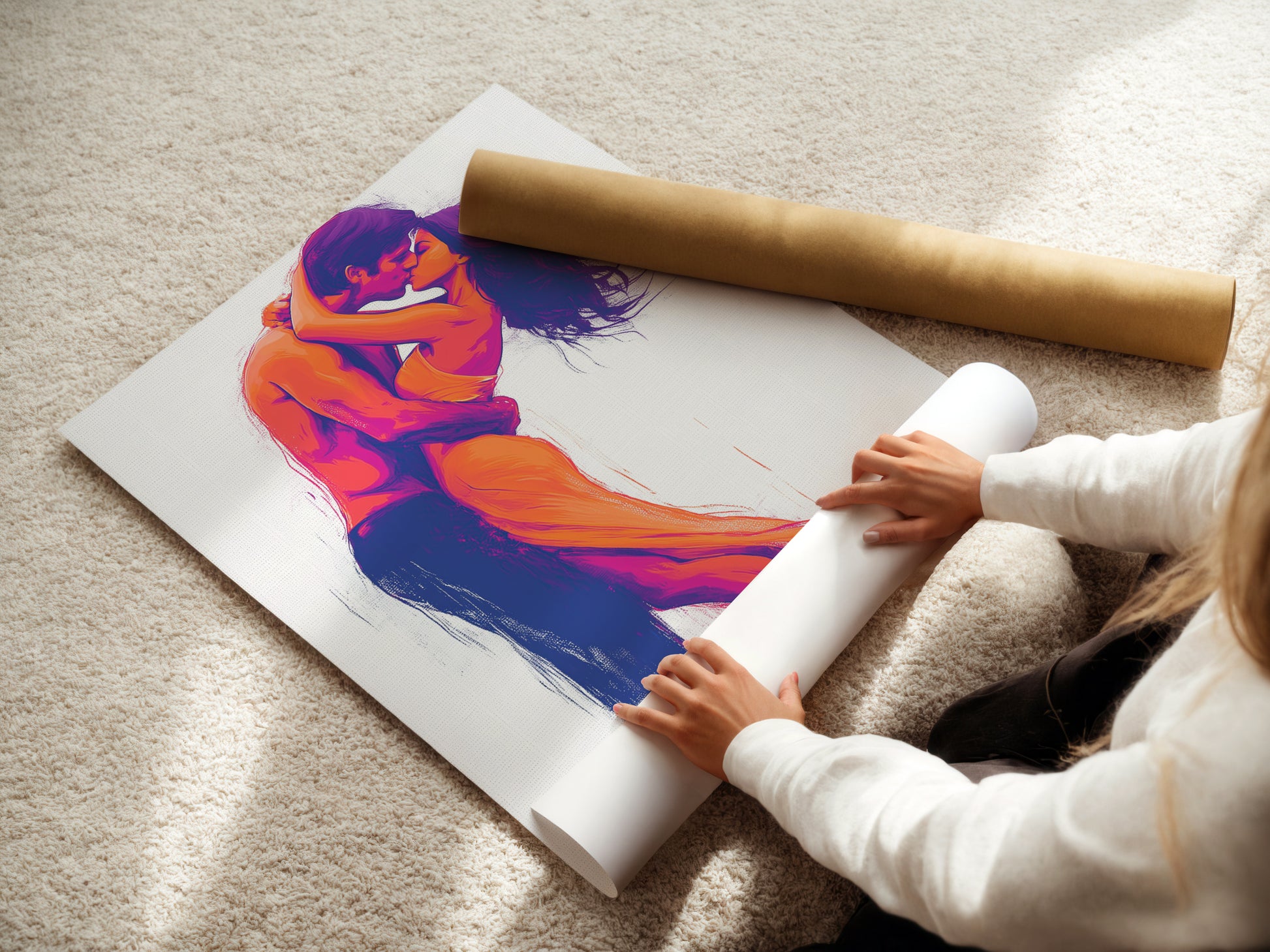 A woman carefully rolling a fine art poster paper print of the Passionate Embrace artwork. The fine art poster paper ensures high quality and detail. Perfect for framing or displaying as is. Get your love wall decor today.