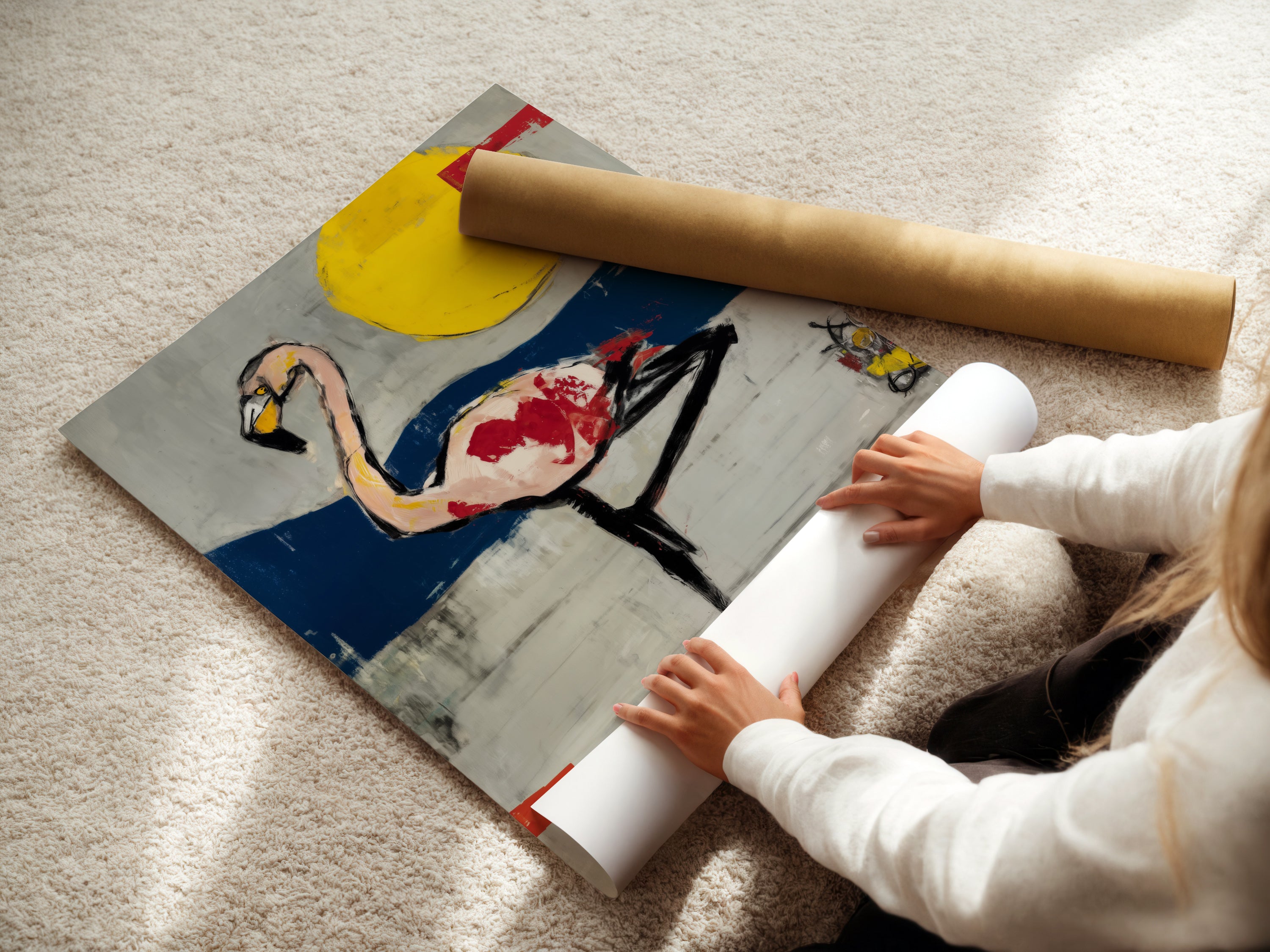 A woman rolls fine art poster paper. High quality materials are used for stunning flamingo abstract art prints. Get ready to display beautiful art in your home. Perfect for coastal and tropical themed spaces.