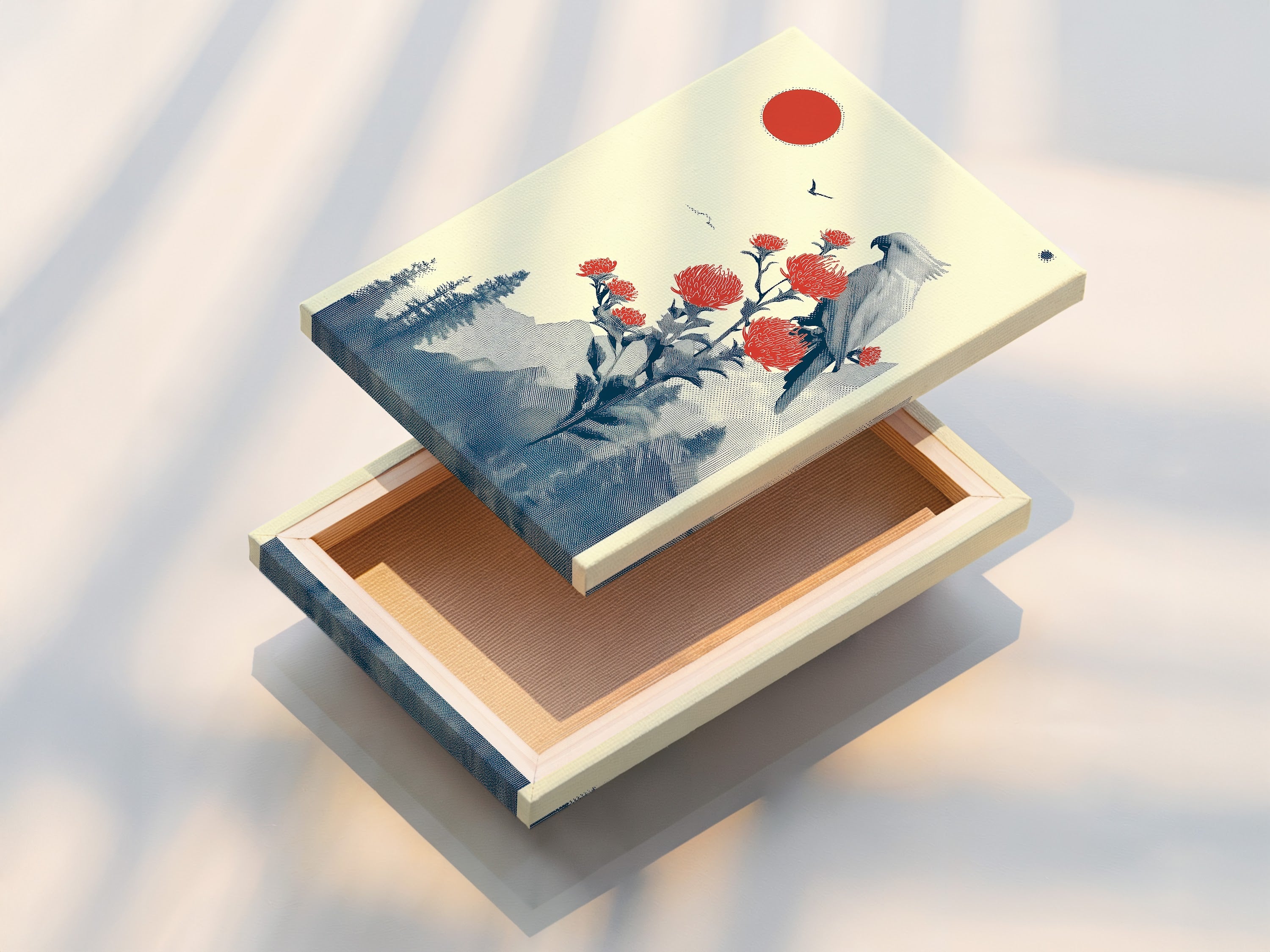 A stretched canvas print of Japanese bird artwork. Ready to hang and transform your space. This bird canvas print adds a touch of oriental charm to any room. View our options today.