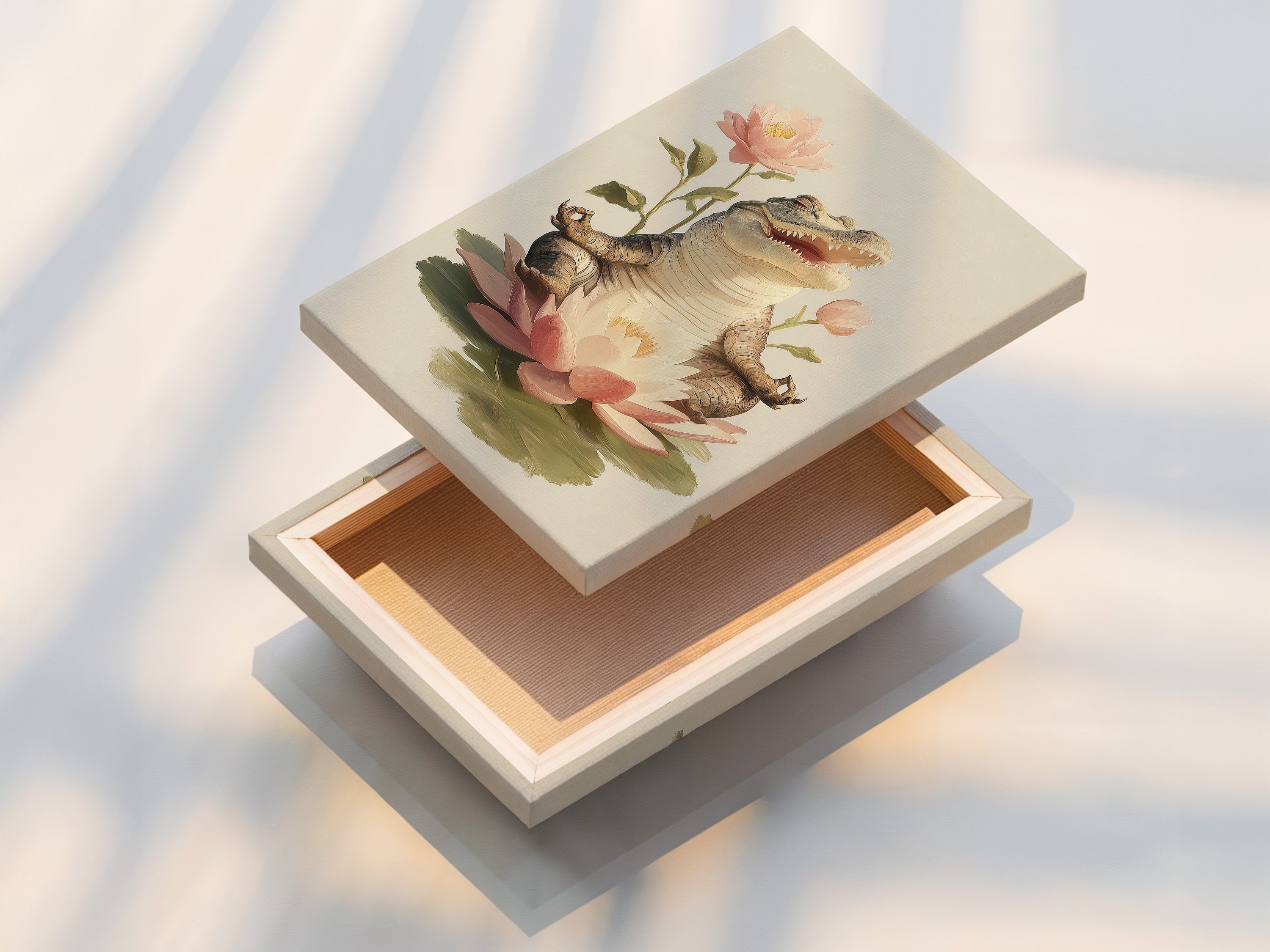 A stretched canvas print of the Zen Alligator art. The artwork features an alligator meditating on a lotus flower. This is a great choice for adding spiritual artwork to your home or yoga studio. It's ready to hang and enjoy.