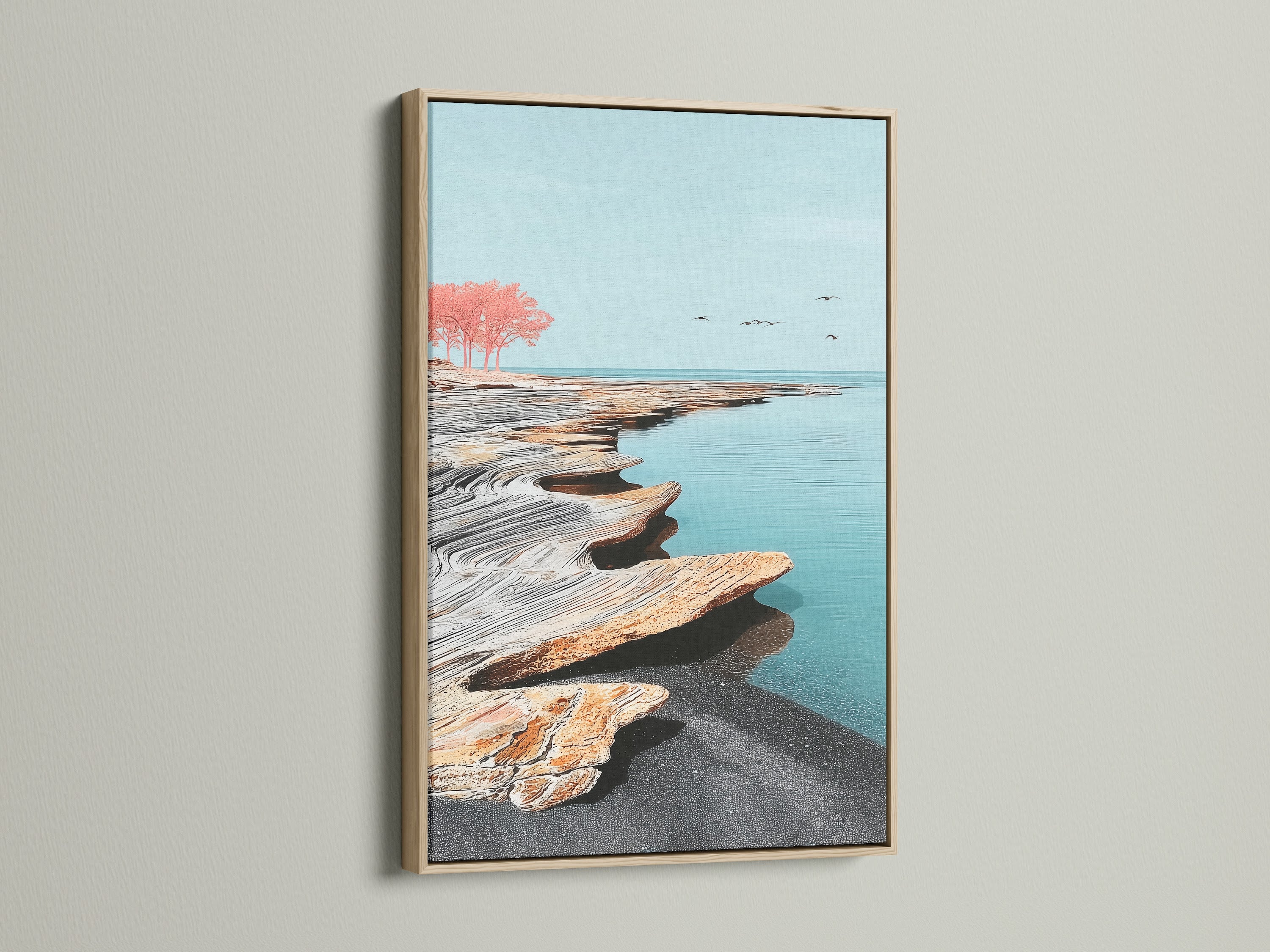Coastal seascape canvas print with an oak frame is displayed. The artwork presents a serene shoreline view. It enhances spaces with a minimalist coastal theme. The oak frame beautifully complements the artwork. Ideal for creating a calming atmosphere in living rooms or bedrooms.