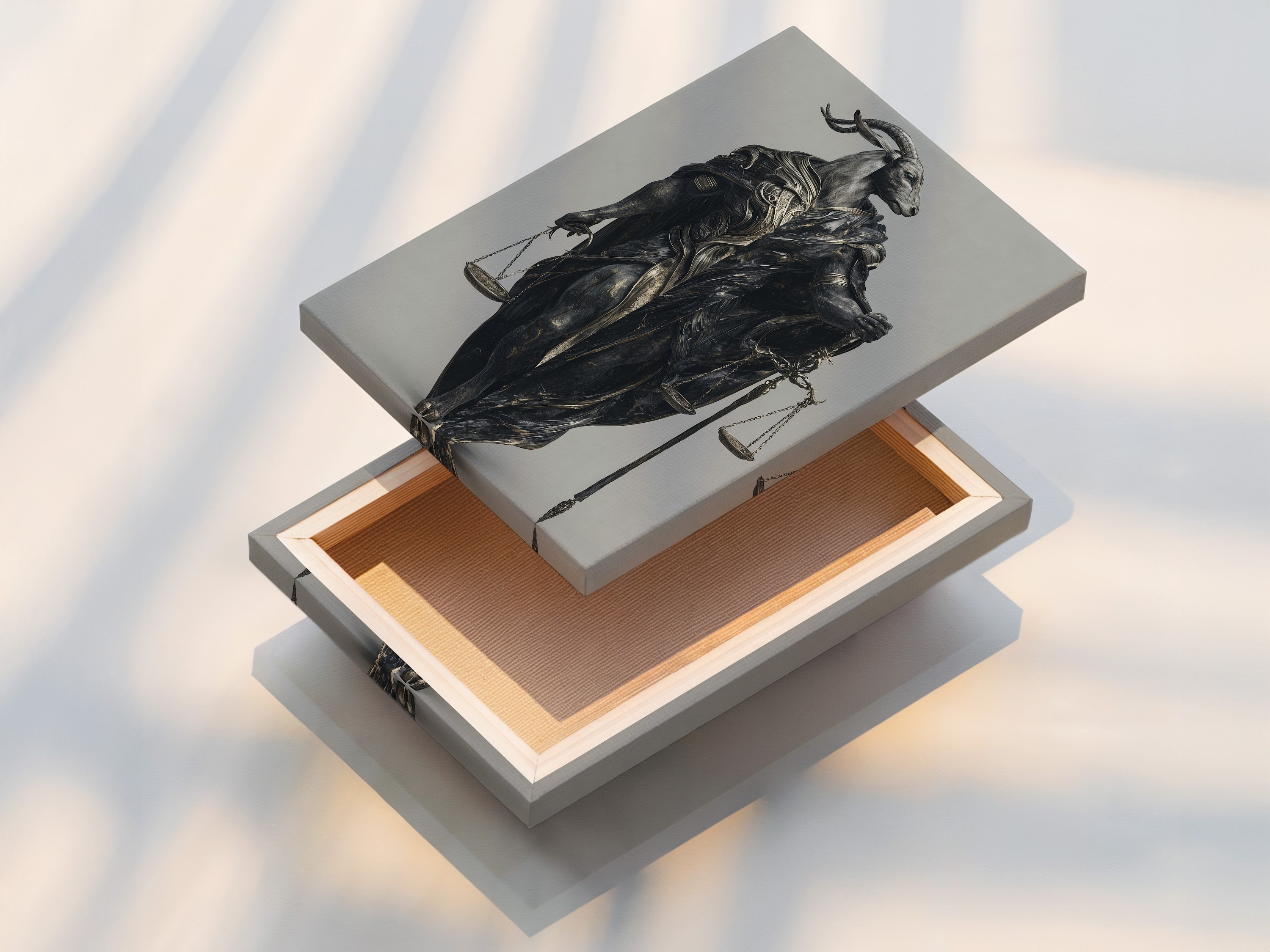 This is a stretched canvas print featuring the Justice Scales Goat artwork. It is ready to hang. This gothic style piece adds a unique conversation to your space. Perfect for legal professionals or fantasy art lovers.