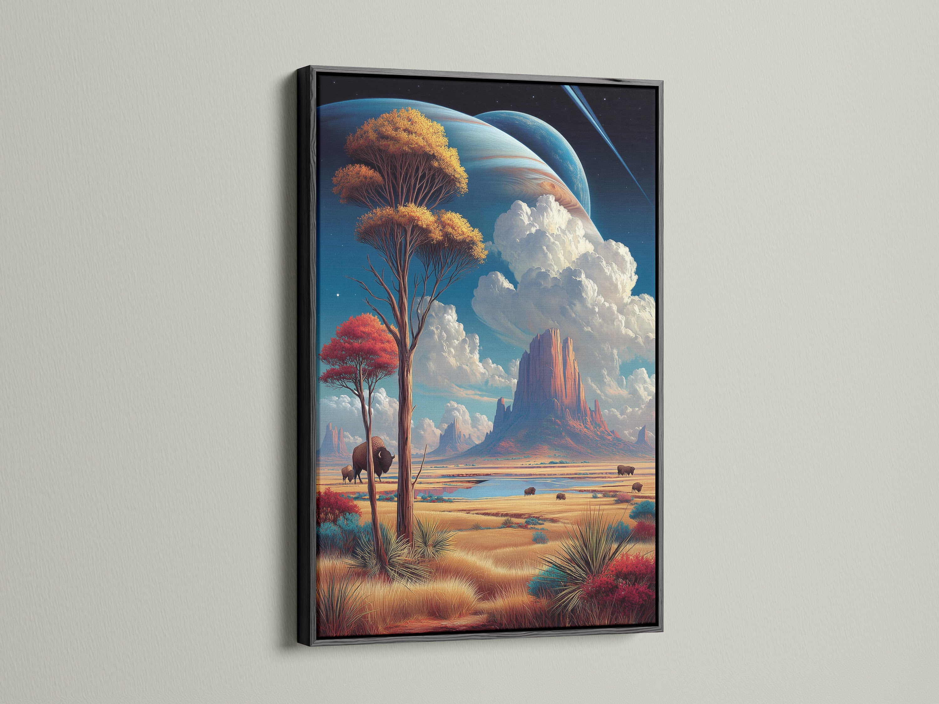 Bison Landscape artwork presented in a sleek black frame. Monument Valley art offers a striking contrast. Earthy tones create a sophisticated look for living rooms bedrooms or offices. This buffalo print is a stylish addition.