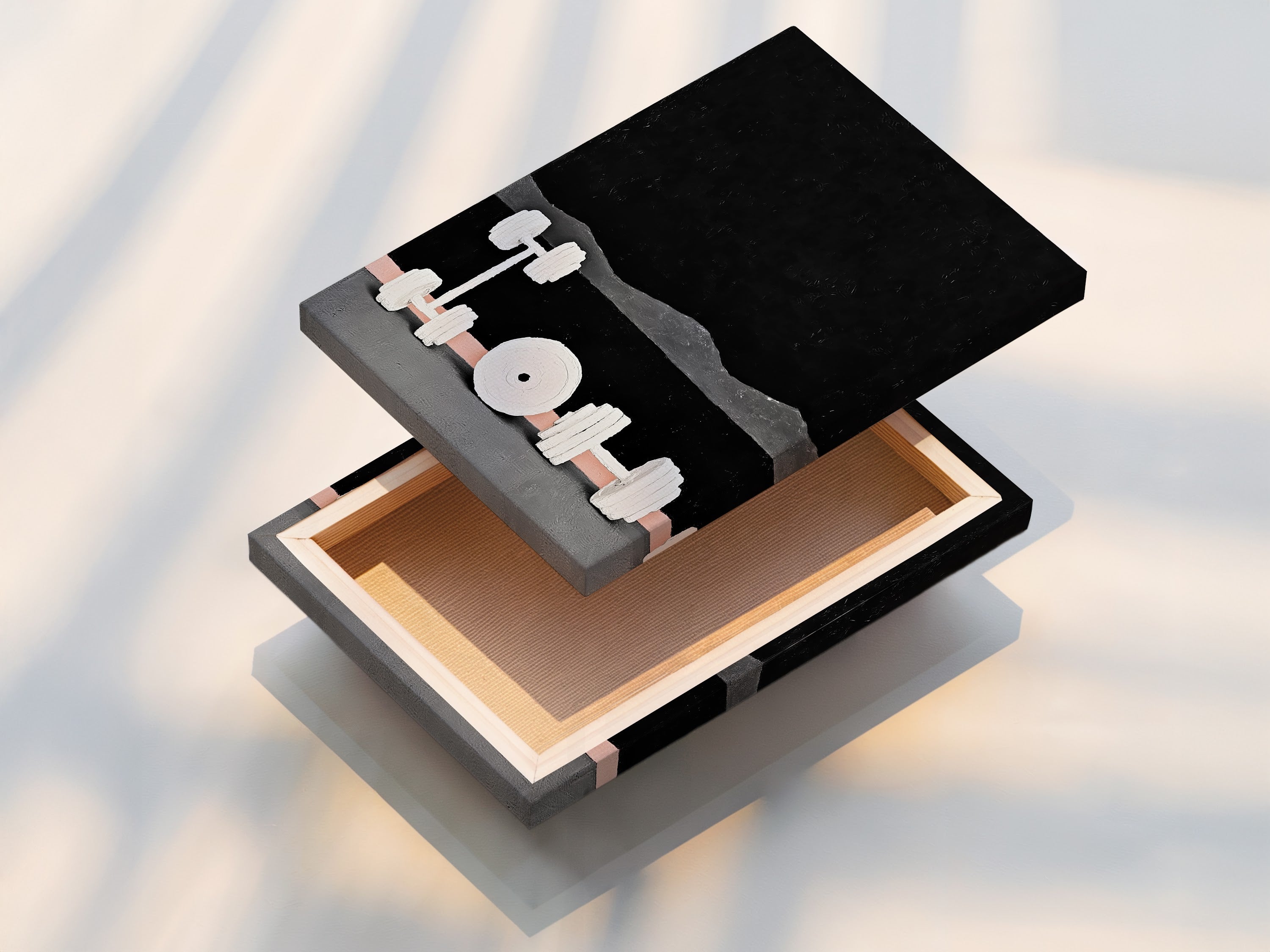 This is a stretched canvas print of modern gym weights artwork. The fitness wall art features an abstract dumbbell design. The stretched canvas is ready to hang. It is perfect for gym decor. It is a great gift for fitness fanatics. Enhance your workout space with this art.