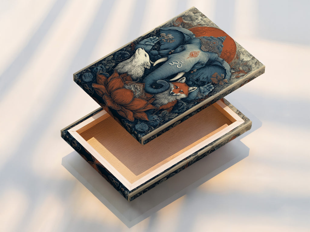 Stretched canvas print featuring sacred animals. This spiritual artwork includes an elephant a wolf and a fox. The bohemian style is perfect for a meditation room. The Om symbol print adds a touch of zen. This mystical artwork elevates minimalist Scandinavian or eclectic styles.