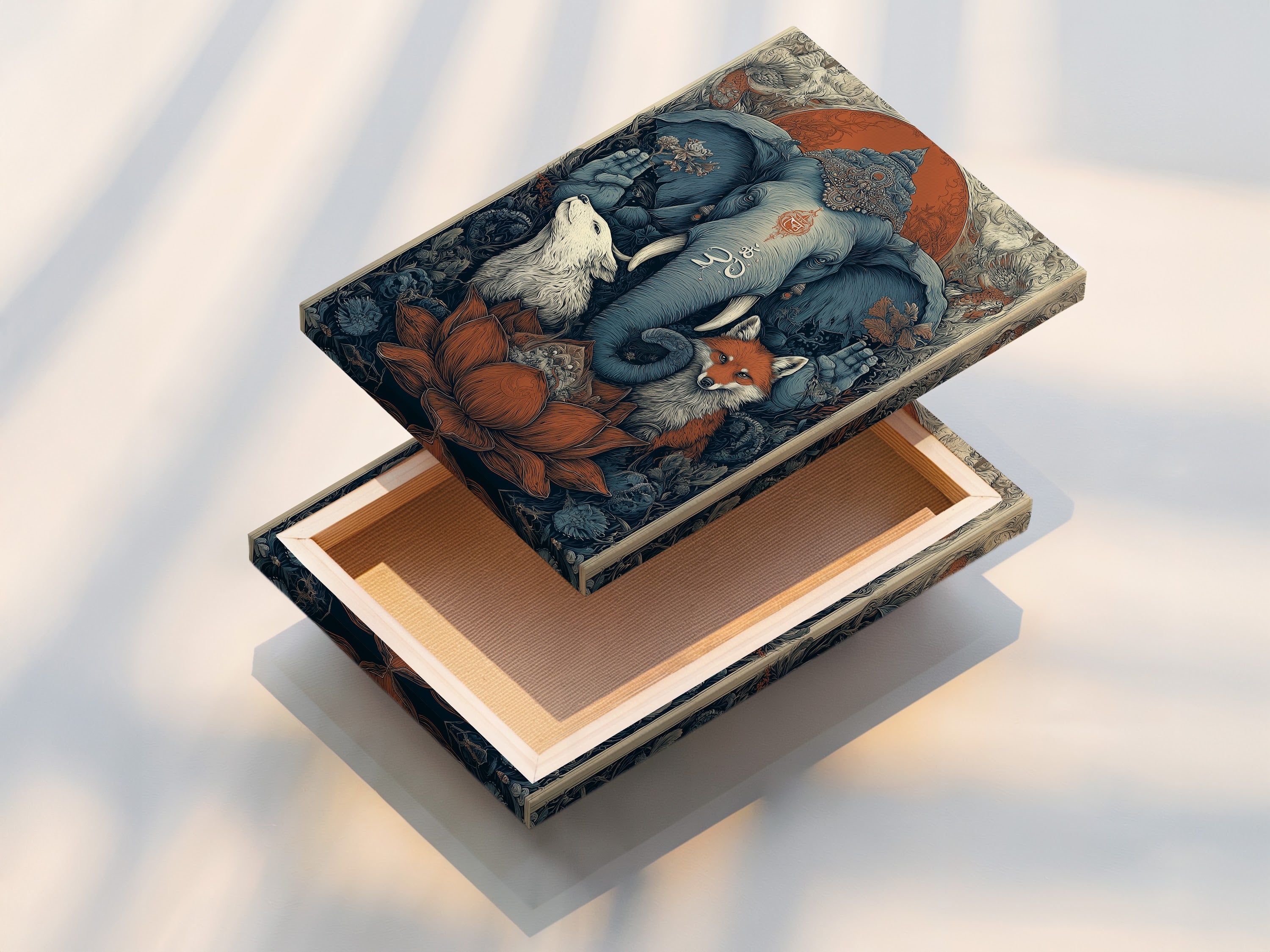 Stretched canvas print featuring sacred animals. This spiritual artwork includes an elephant a wolf and a fox. The bohemian style is perfect for a meditation room. The Om symbol print adds a touch of zen. This mystical artwork elevates minimalist Scandinavian or eclectic styles.