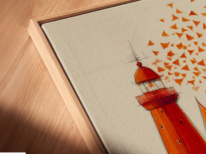 Close-up angled view of a canvas print in a floating frame. The coastal artwork features a lighthouse and sailboats. This modern framing style adds depth and dimension. Enhance your wall decor with this unique piece. Perfect for contemporary interiors.