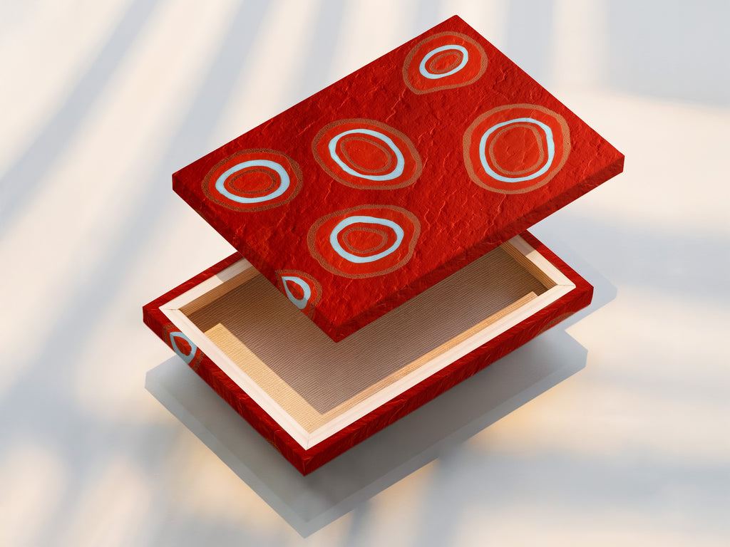 An expertly stretched canvas print showcasing abstract red art. The modern geometric artwork adds a bold touch to any room. The stretched canvas offers a gallery-quality display. This piece is perfect for contemporary wall decor. The vibrant colors and geometric patterns stand out beautifully. A statement piece for modern homes.