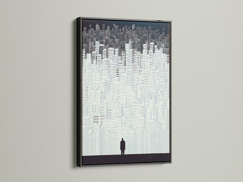 This cityscape artwork is showcased in a sleek black frame. The black frame adds a touch of sophistication. Ideal for modern spaces. This minimalist building wall art is a striking addition. The urban silhouette print enhances any decor.