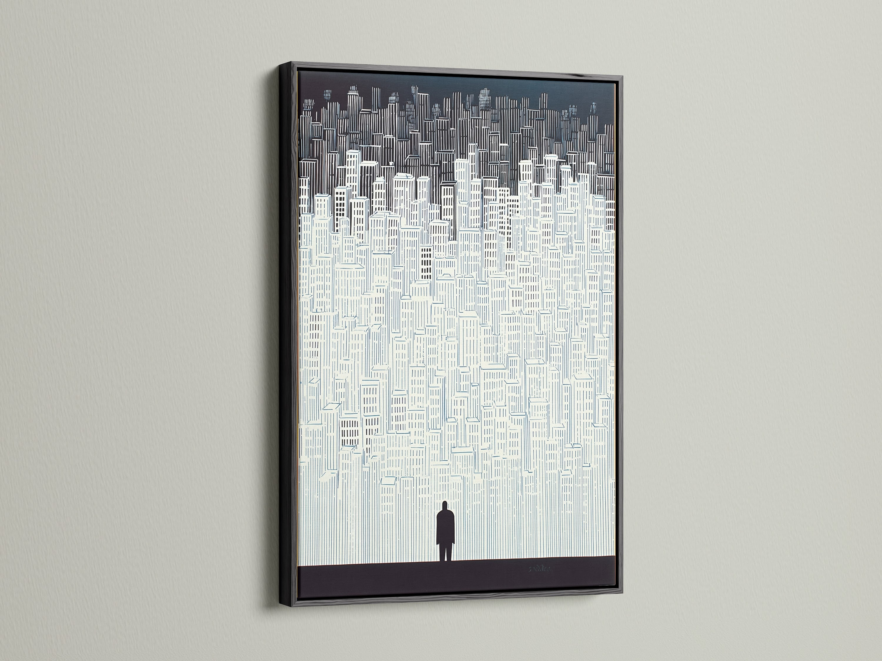 This cityscape artwork is showcased in a sleek black frame. The black frame adds a touch of sophistication. Ideal for modern spaces. This minimalist building wall art is a striking addition. The urban silhouette print enhances any decor.