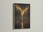 Showcasing the golden city skyline artwork in an oak frame. This urban canvas print adds a touch of sophistication. Ideal for modern office art and contemporary wall decor. The abstract skyline and golden wall decor create a refined look. Enhance your space with this moody cityscape.
