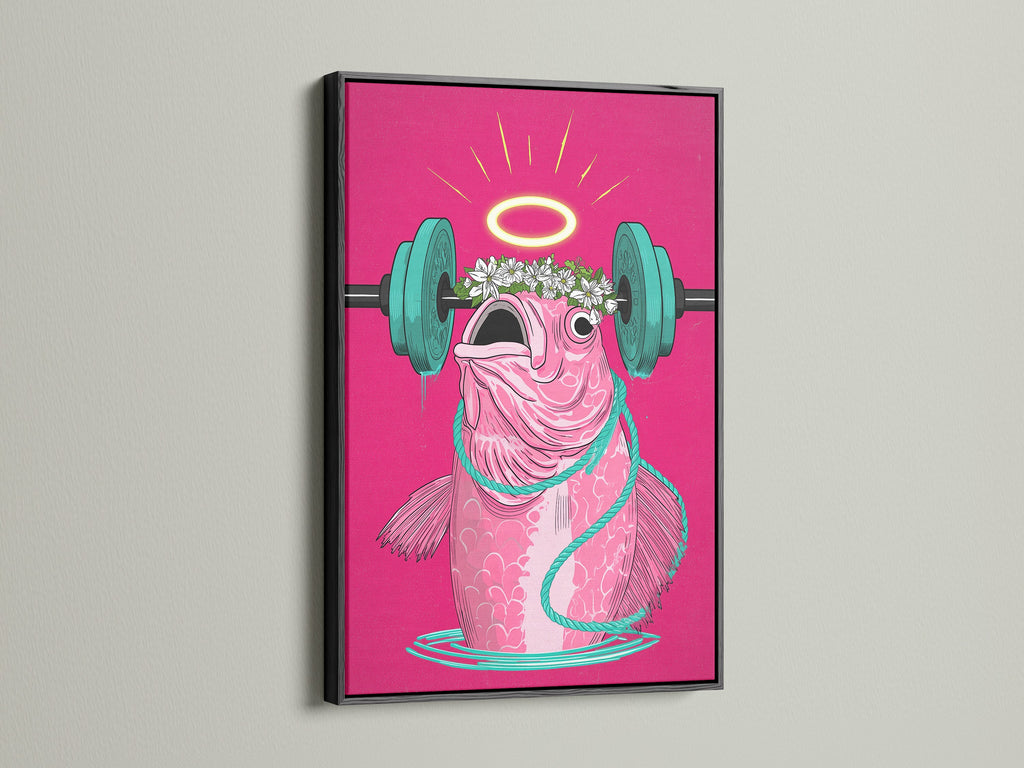 Here is the Workout Fish Art Print in a sleek black frame. Add a bold statement to your workout area with this motivational canvas print. The pink wall art is an inspiring piece for your home gym decor.