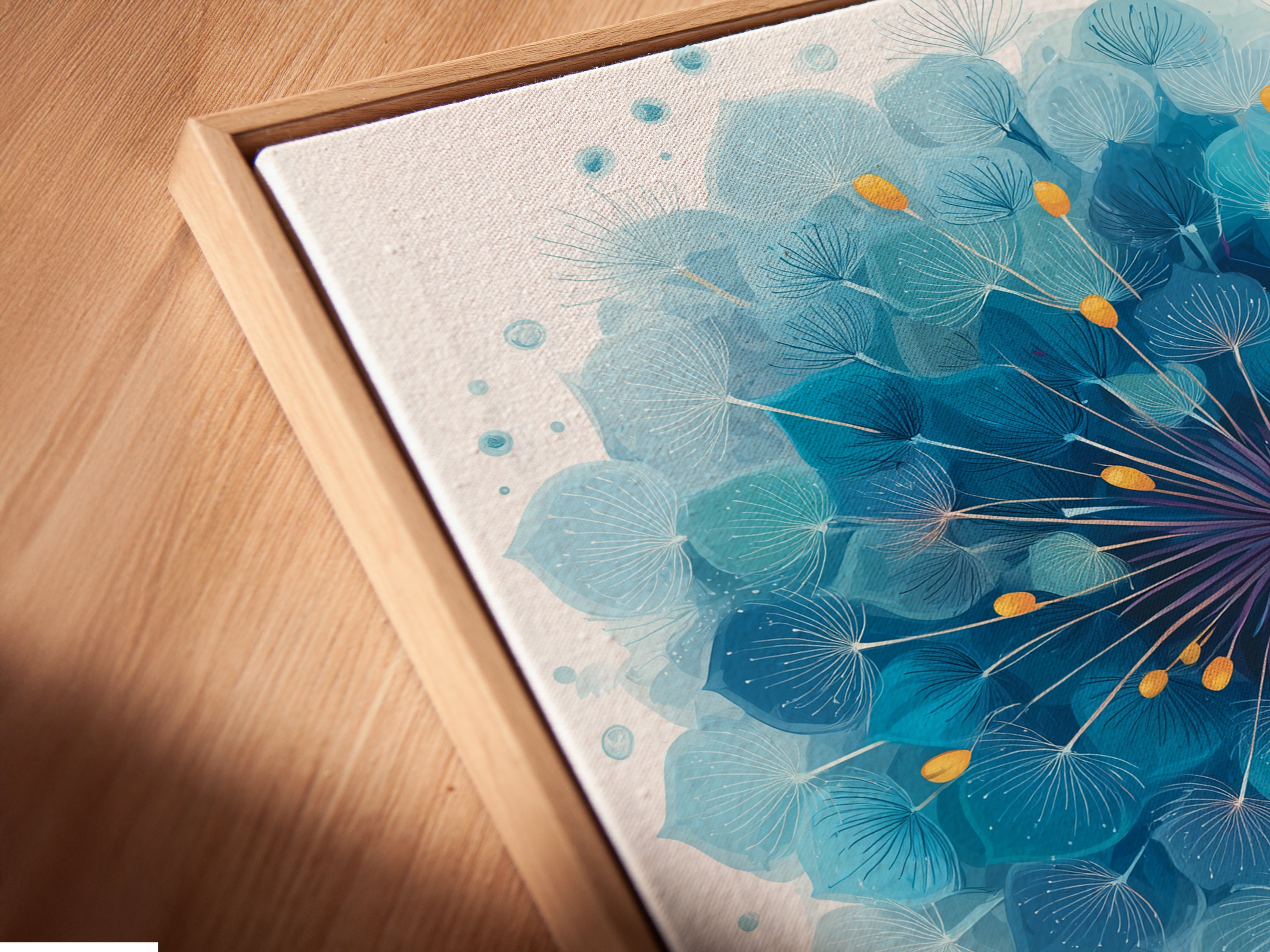 A close-up view showcases the canvas print in a floating frame. The blue dandelion artwork appears to hover. The floating frame adds a contemporary touch. This modern wall art is ready to transform your space.