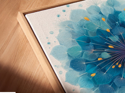 A close-up view showcases the canvas print in a floating frame. The blue dandelion artwork appears to hover. The floating frame adds a contemporary touch. This modern wall art is ready to transform your space.