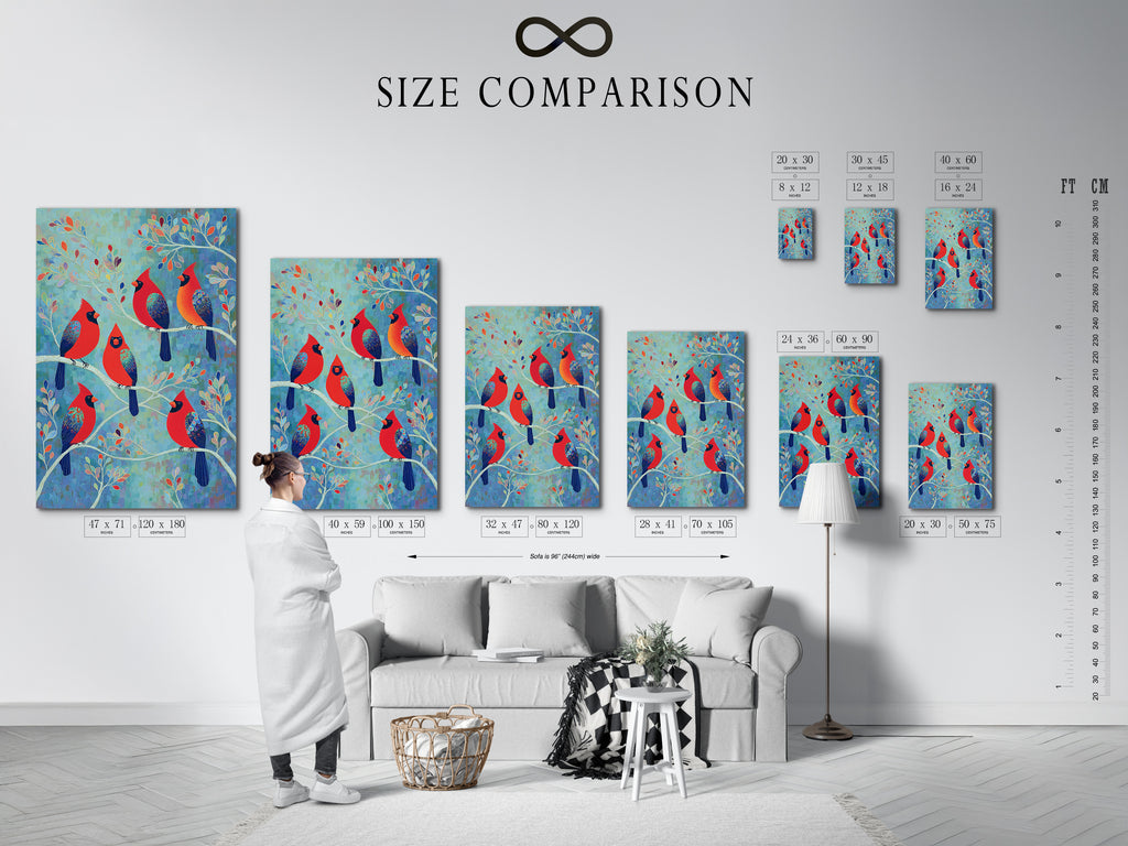 A size comparison chart shows the 'Cardinal Birds' artwork in an interior setting. Visualize the perfect dimensions for your space. Available in various sizes to suit living rooms bedrooms and studies.
