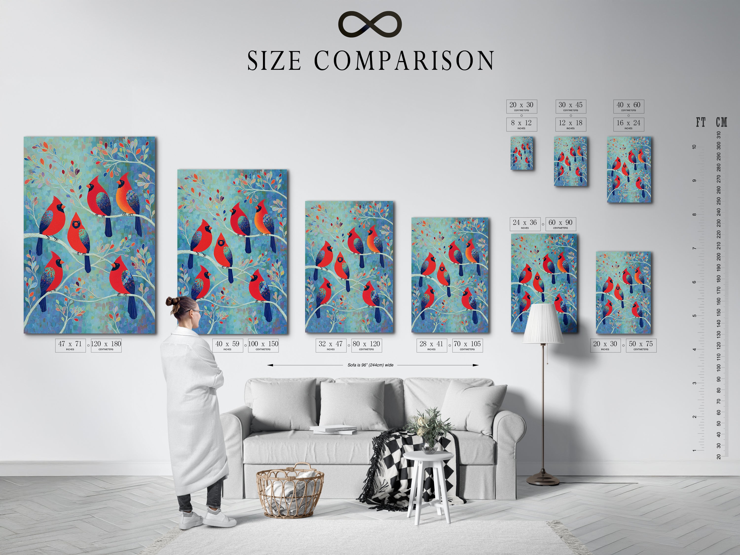 A size comparison chart displayed in an interior setting. Visualize the perfect fit for your space. See how the Cardinal Birds artwork complements different room sizes. Find the ideal canvas wall art today.