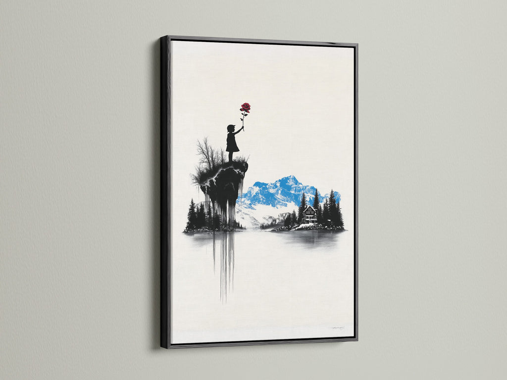 Artwork featuring a black frame. The art inside depicts a child holding a red flower. Mountains and a house are in the background. The black frame creates a bold and striking display.
