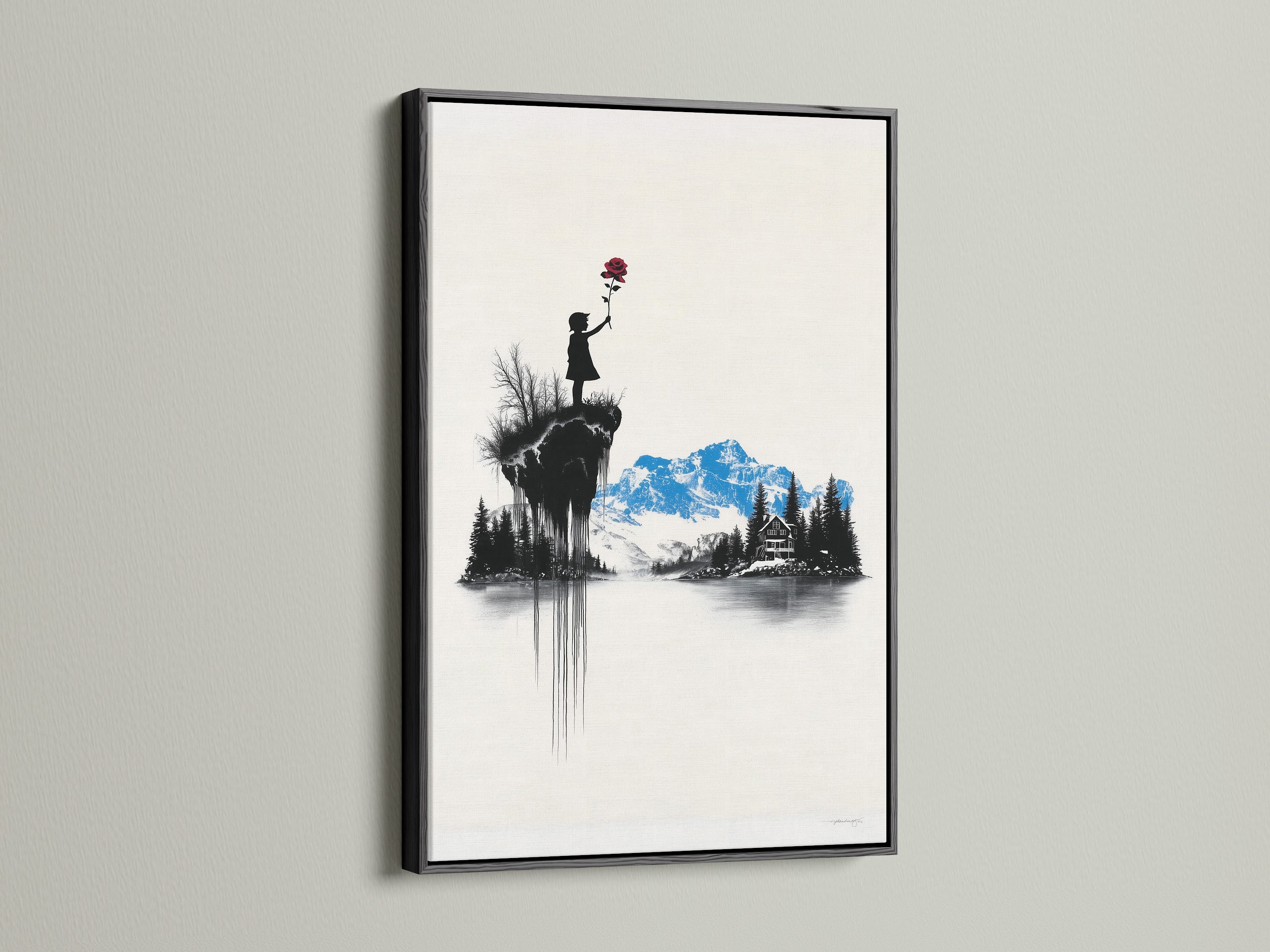 Artwork featuring a black frame. The art inside depicts a child holding a red flower. Mountains and a house are in the background. The black frame creates a bold and striking display.
