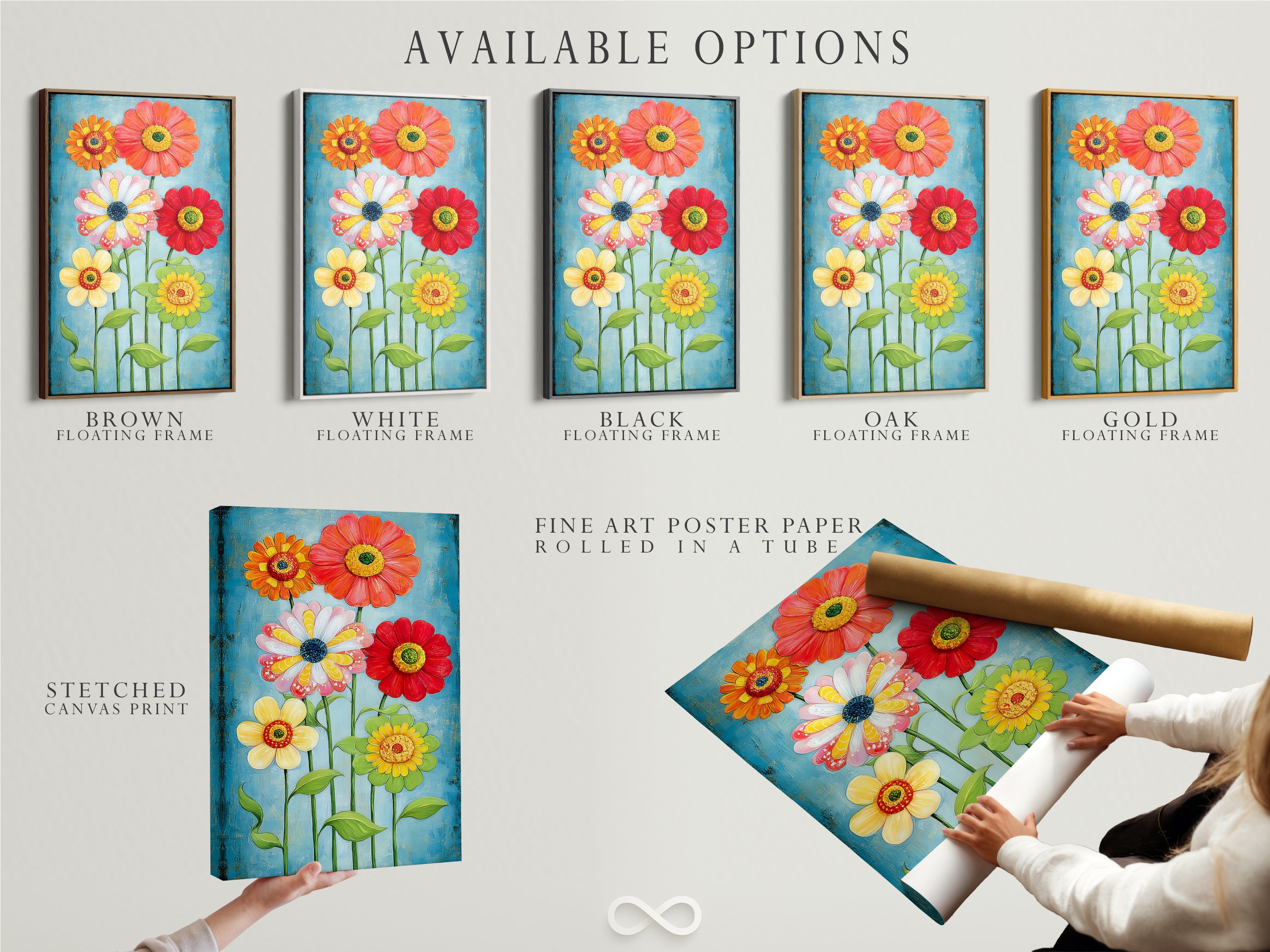 Available options include a stretched canvas print. Also available is fine art poster paper and a floating frame. The colorful flower garden artwork can be customized. Choose the perfect format for your modern botanical print. Enhance your home or business decor.
