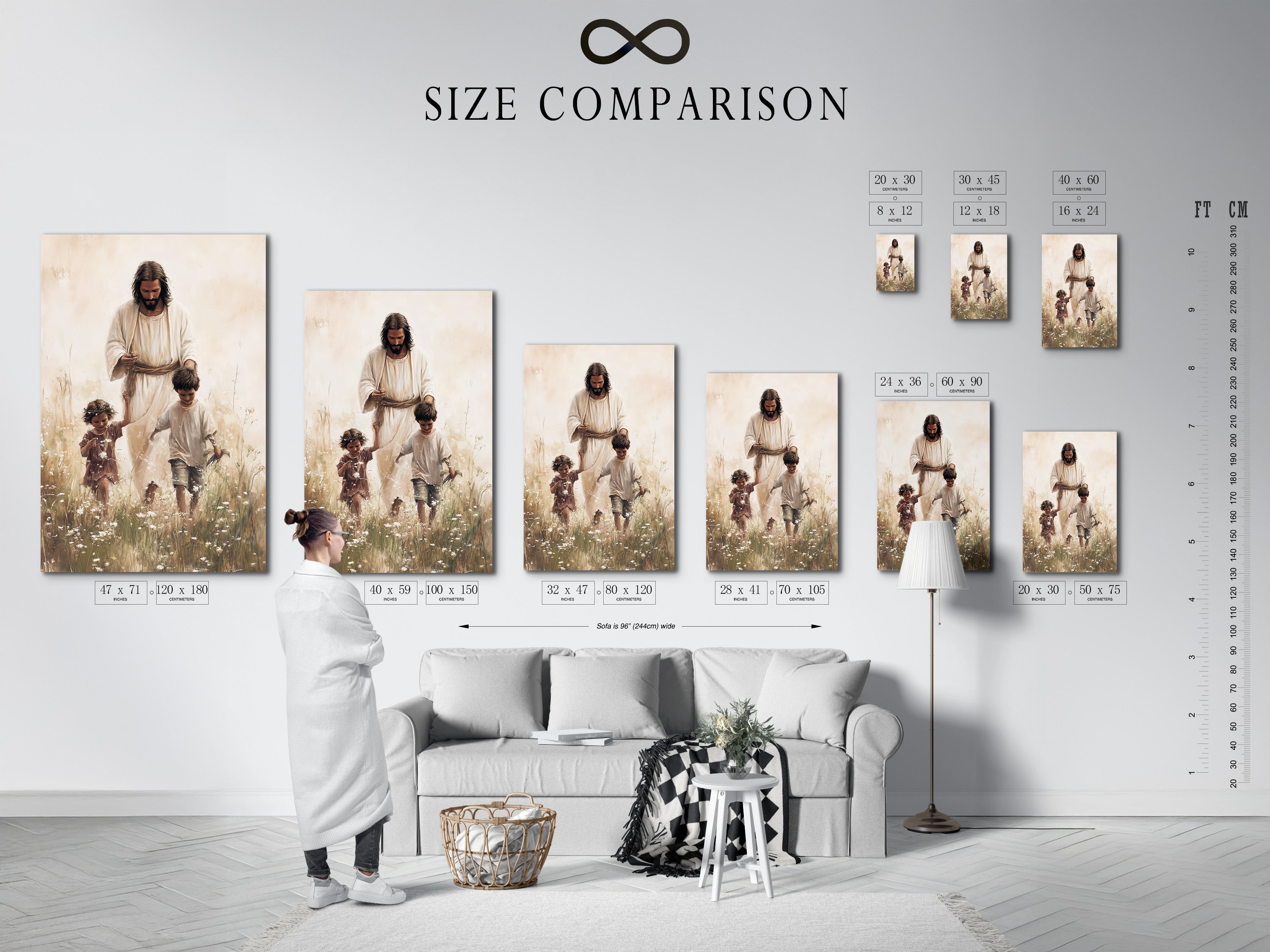 A size comparison chart is displayed in an interior setting. This helps you visualize the artwork's dimensions in your space. Choose the perfect size to fit your wall. Our size chart ensures you make the right selection. Find the ideal artwork size today.