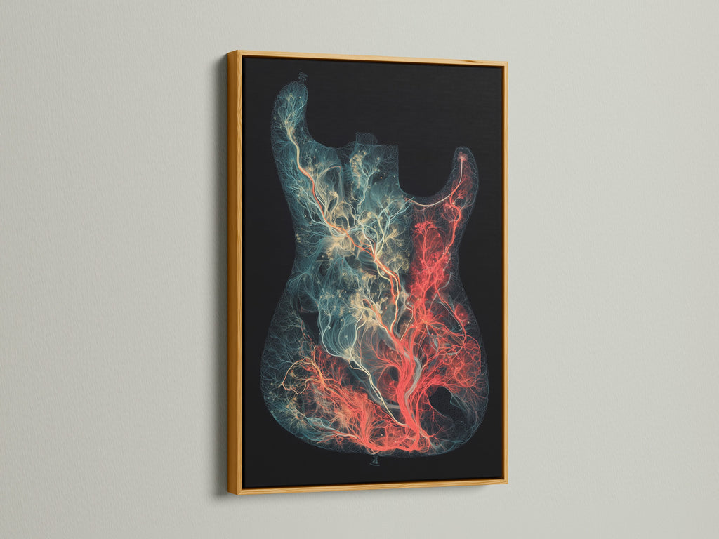 Artwork presented in a gold frame. The art depicts a guitar with tree-like elements. The gold frame adds a touch of elegance and luxury. This piece is ideal for adding sophistication to any room. It is perfect for art enthusiasts and music aficionados. The gold frame enhances the artwork's rich details.