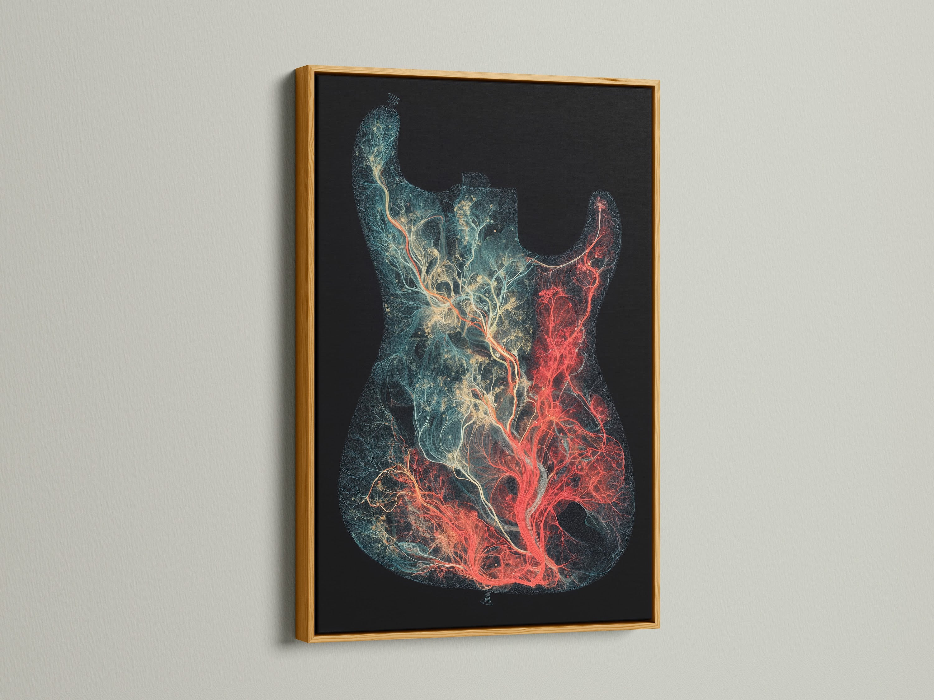 Artwork presented in a gold frame. The art depicts a guitar with tree-like elements. The gold frame adds a touch of elegance and luxury. This piece is ideal for adding sophistication to any room. It is perfect for art enthusiasts and music aficionados. The gold frame enhances the artwork's rich details.