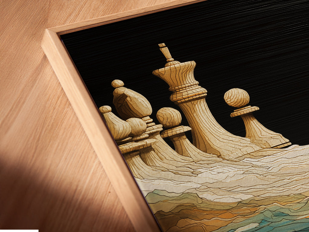 Close-up of a canvas print in a floating frame. The modern chess art features abstract teal and orange. Perfect for a game room. The floating frame adds a sleek look.