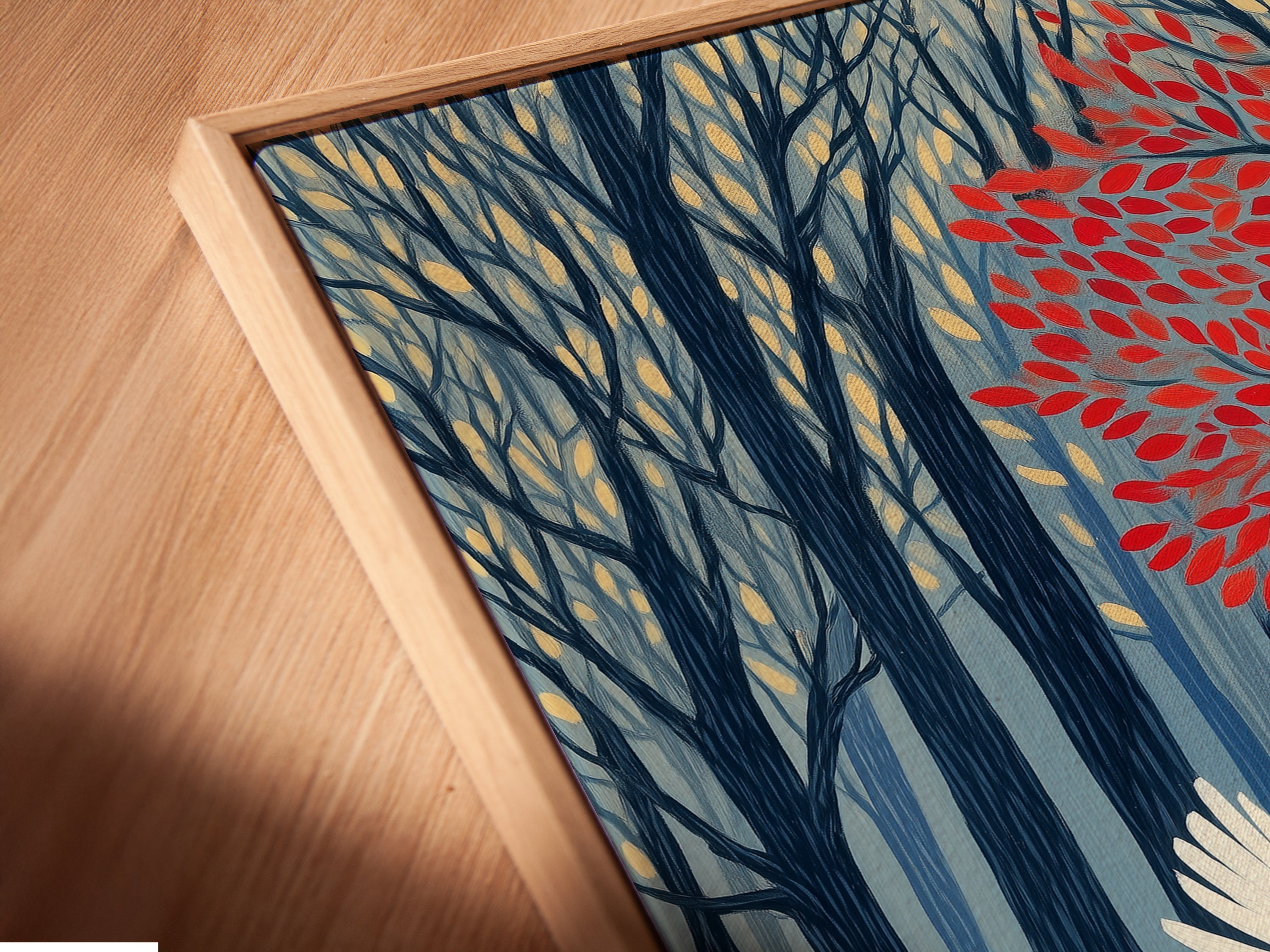 Close-up of a Dove in Forest canvas print. It is displayed in a floating frame. The angled view showcases the artwork's detail. Notice the serene nature scene and vibrant autumn colors. This print adds a modern touch.