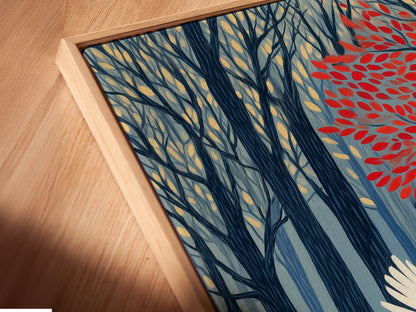 Close-up of a Dove in Forest canvas print. It is displayed in a floating frame. The angled view showcases the artwork's detail. Notice the serene nature scene and vibrant autumn colors. This print adds a modern touch.