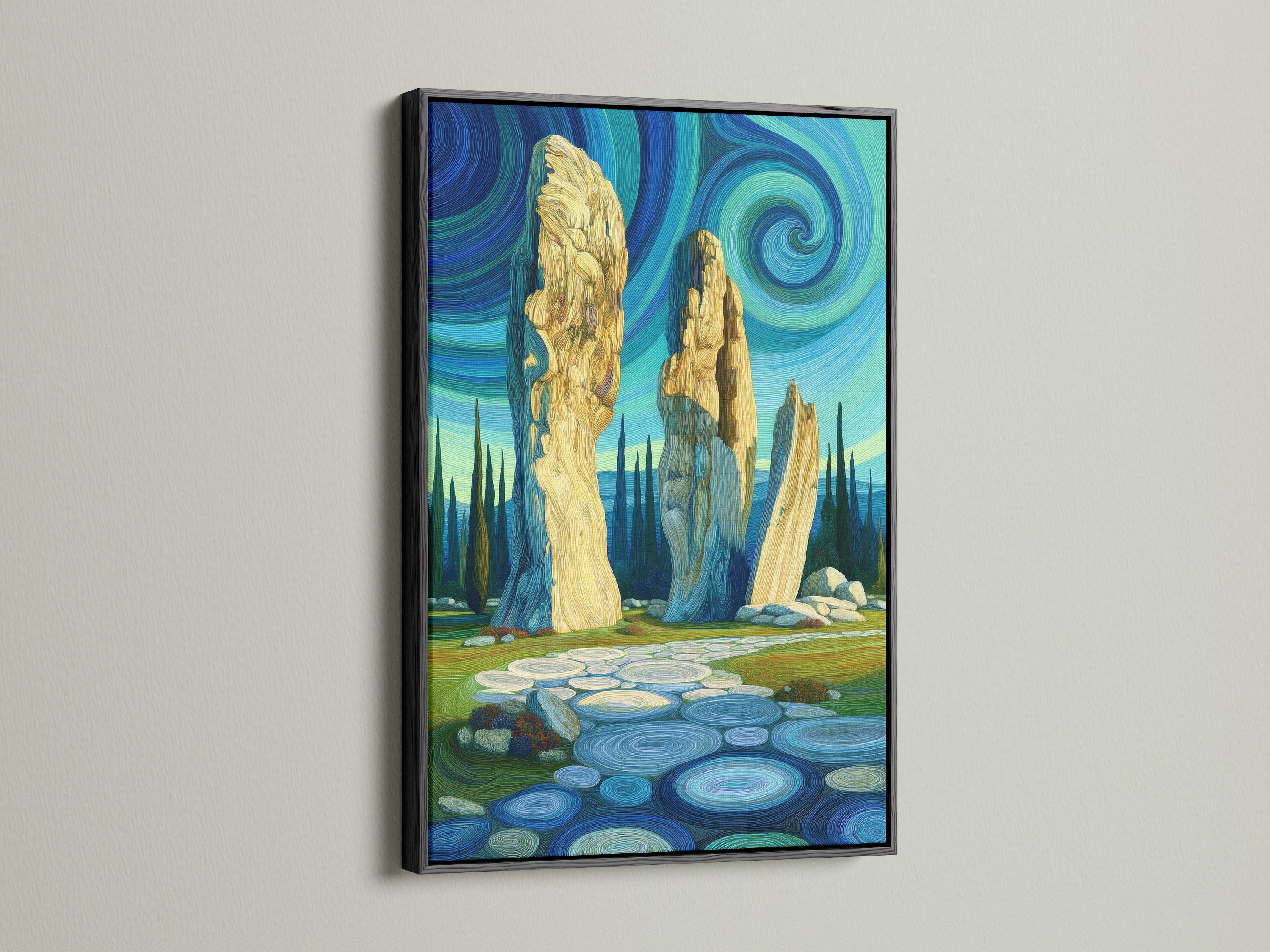 A sleek black frame enhances this Celtic mystical landscape artwork. The artwork shows an ancient stone circle beneath a swirling sky. This canvas print adds a modern touch to spiritual artwork. It's a great fit for bohemian and eclectic styles.