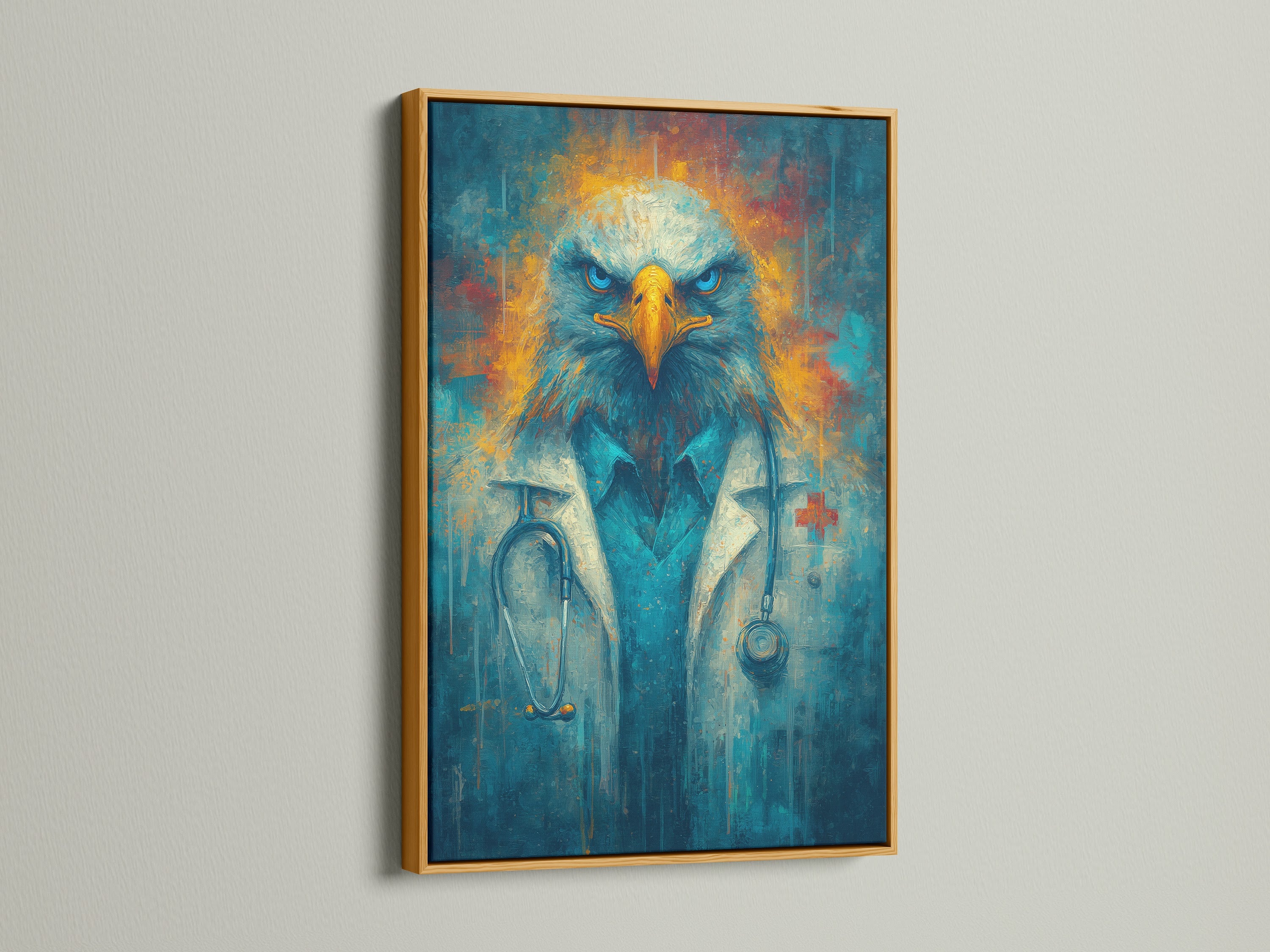The Eagle Doctor art is framed in gold. This animal portrait canvas is a unique piece of medical office art. The blue and gold colors create a contemporary style. Perfect for medical professionals and clinic owners. This artwork adds an elegant touch to any medical setting. It enhances professional decor.