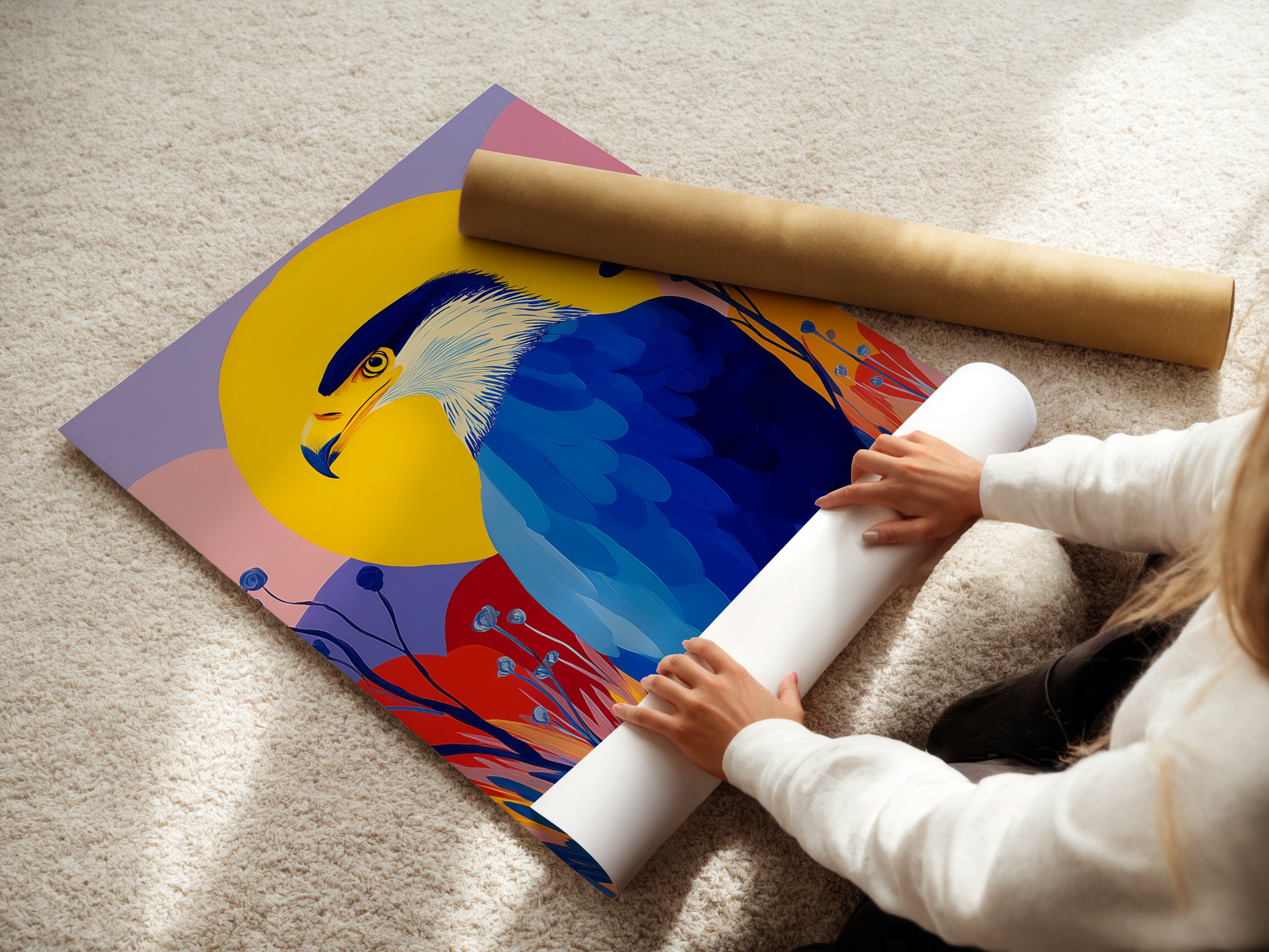 A woman is carefully rolling a fine art poster paper. This showcases the high-quality material used for the eagle art print. Perfect for bird lovers seeking vibrant and modern artwork for their home wall decor.