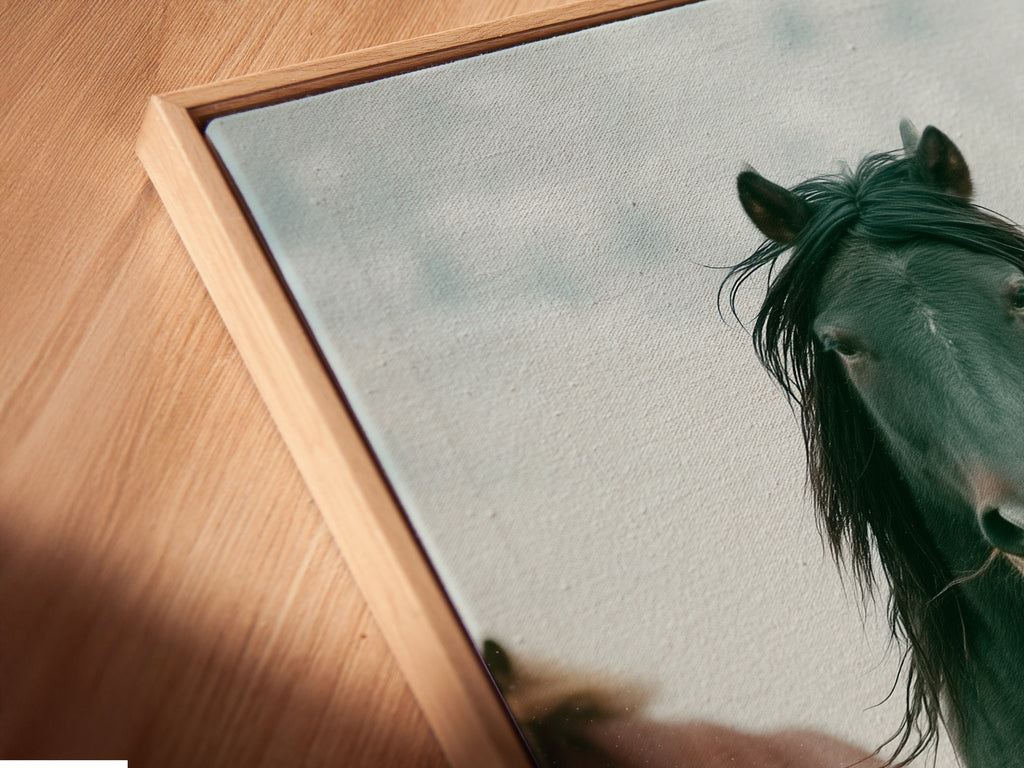 Close-up of a wild horses canvas print in a floating frame. This artwork offers a modern touch to rustic decor. Ideal for homeowners ranchers or businesses wanting Western animal wall decor. Perfect for living rooms bedrooms or offices seeking a country or farmhouse style. This artwork is great for ranchers or anyone that appreciates wildlife art.