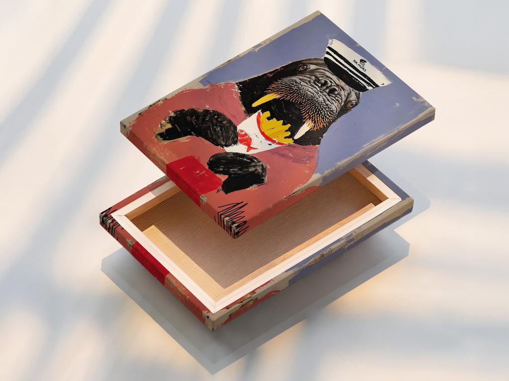 This stretched canvas print showcases the walrus captain artwork. Ready to hang this quirky animal art will transform your space. The whimsical animal art is perfect for any room. Add a touch of humor with this nautical wall art. Great for coastal themed decor.