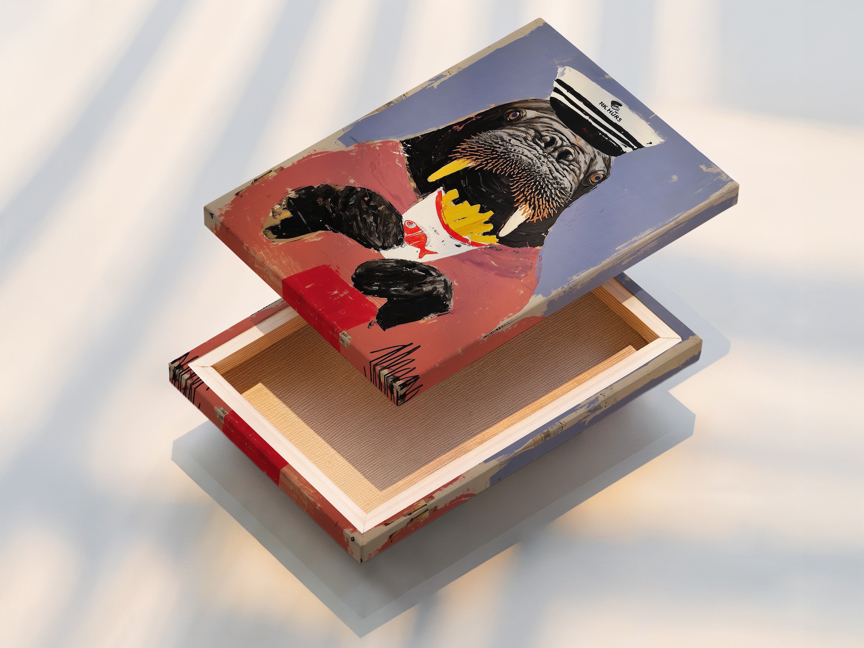 This stretched canvas print showcases the walrus captain artwork. Ready to hang this quirky animal art will transform your space. The whimsical animal art is perfect for any room. Add a touch of humor with this nautical wall art. Great for coastal themed decor.