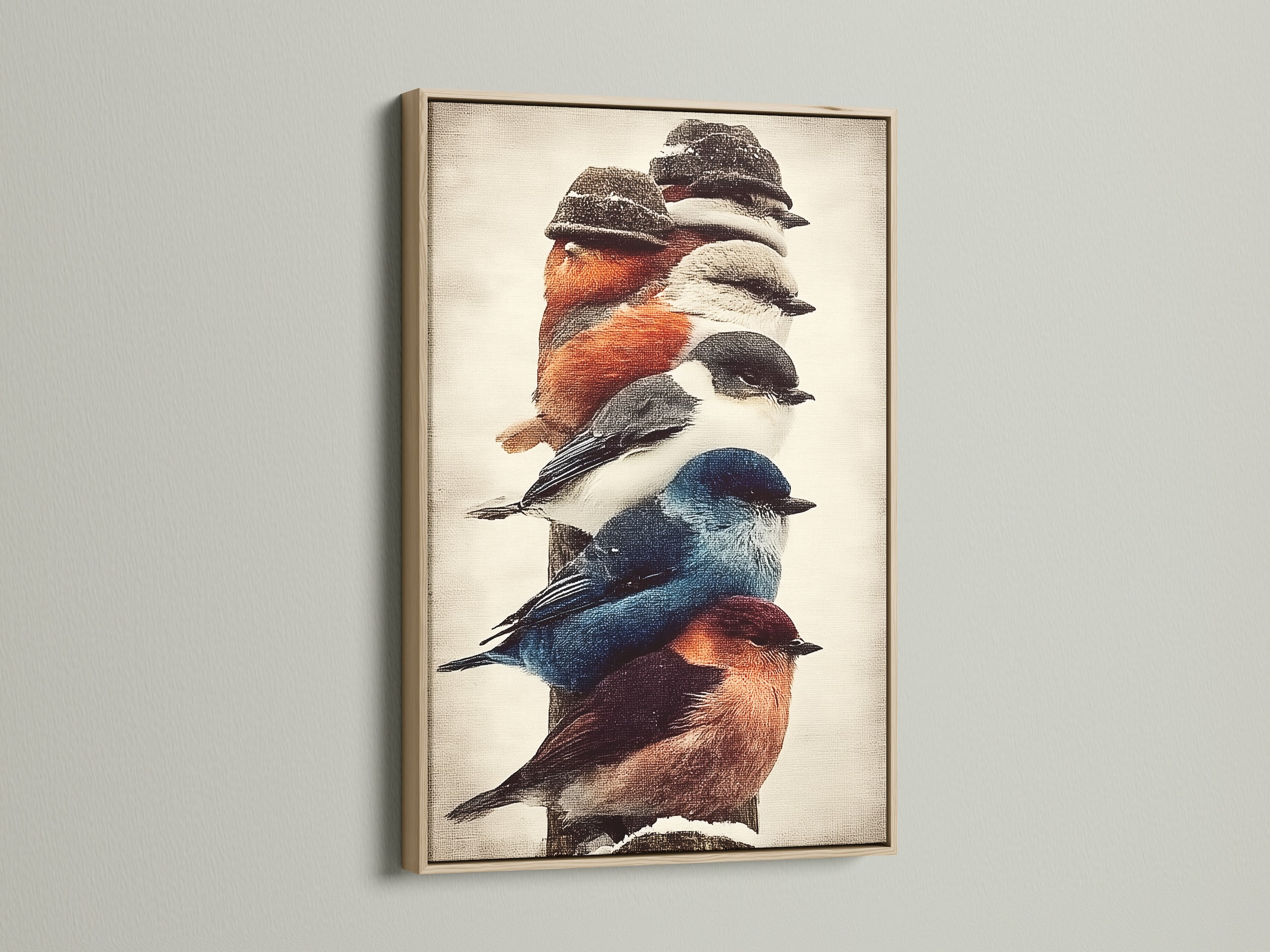 Vintage bird print in an oak frame. This rustic nature artwork is ideal for living rooms or studies. The colorful bird art brings a touch of the outdoors inside. Enhance your space with avian artwork.