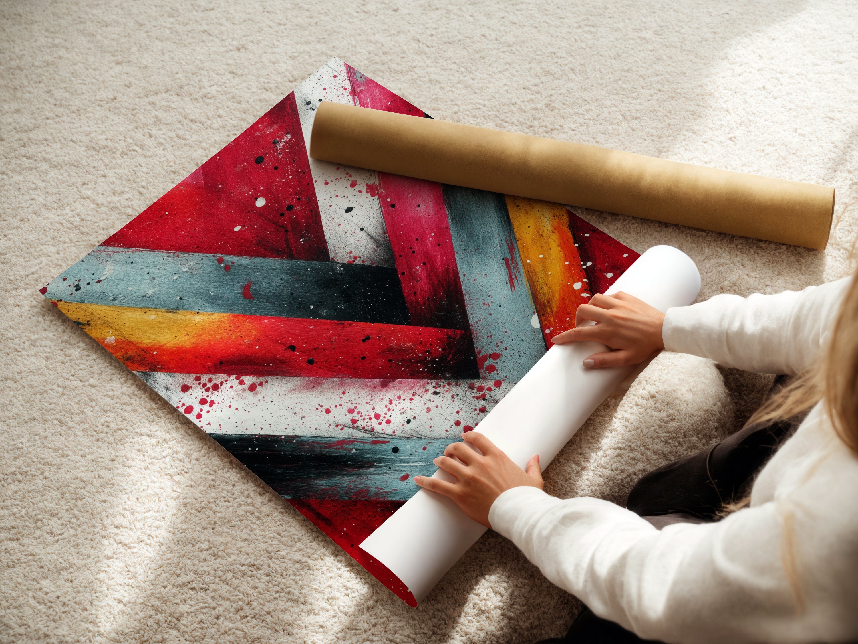 Watch a woman carefully rolling a fine art poster paper. The high-quality paper ensures a perfect print every time. Ideal for creating stunning wall art. Explore our range of abstract and geometric artworks.