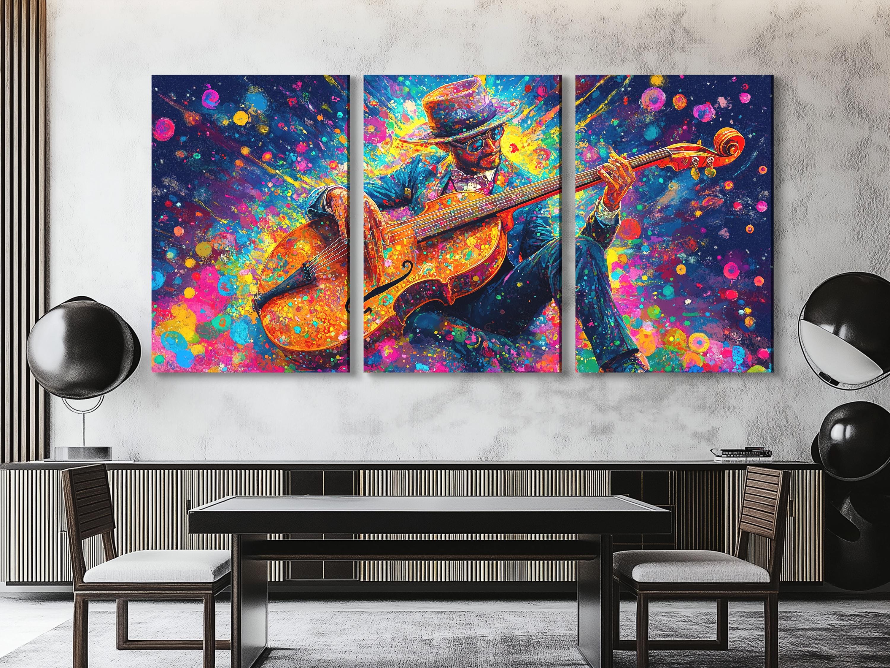 Jazzmuzikant Muurkunst Kleurrijke Bas Canvas Print Abstract Muziek Kunstwerk Cadeau voor Muziekliefhebbers Levendige Jazz Decor Woonkamer Studio Kunst