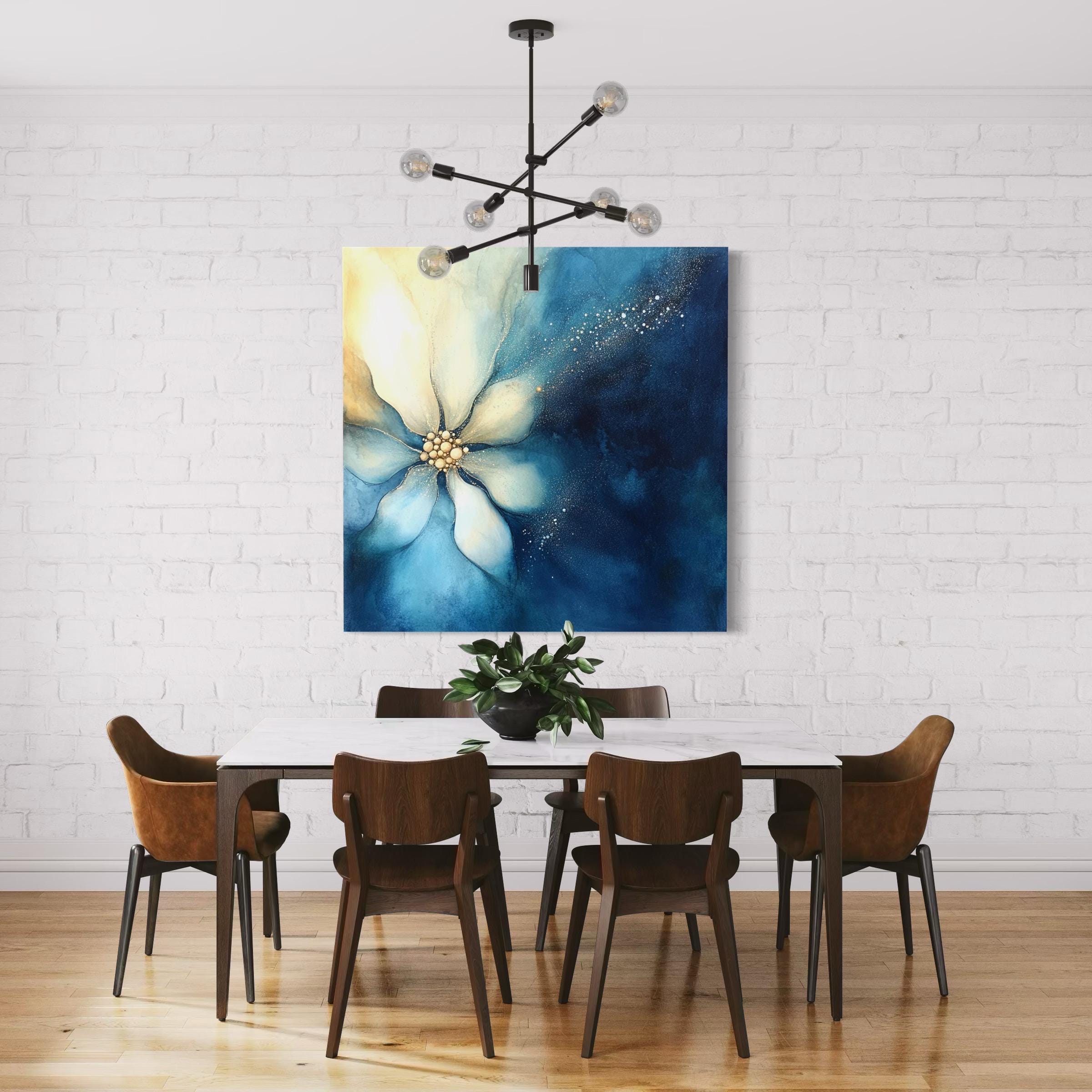 Blue Floral Wall Art - Abstract Flower Canvas, Elegant Watercolor Bloom, Navy and Gold Botanical Painting, Modern Floral Artwork for Kitchen