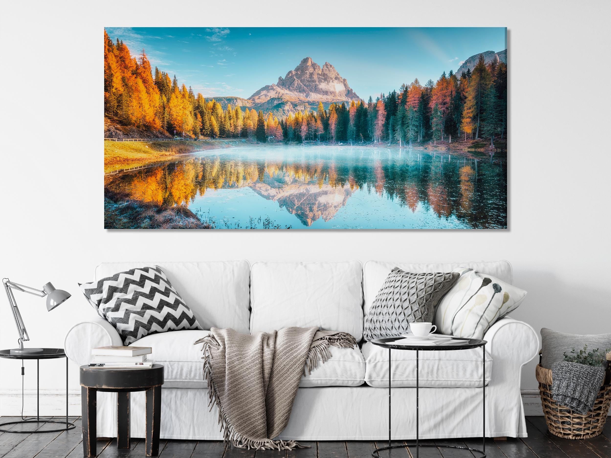 Autumn Sunrise in Dolomites Mountains Wall Art, Antorno Lake Canvas Print, Oversized Italian Landscape Artwork for Nature-Inspired Interior