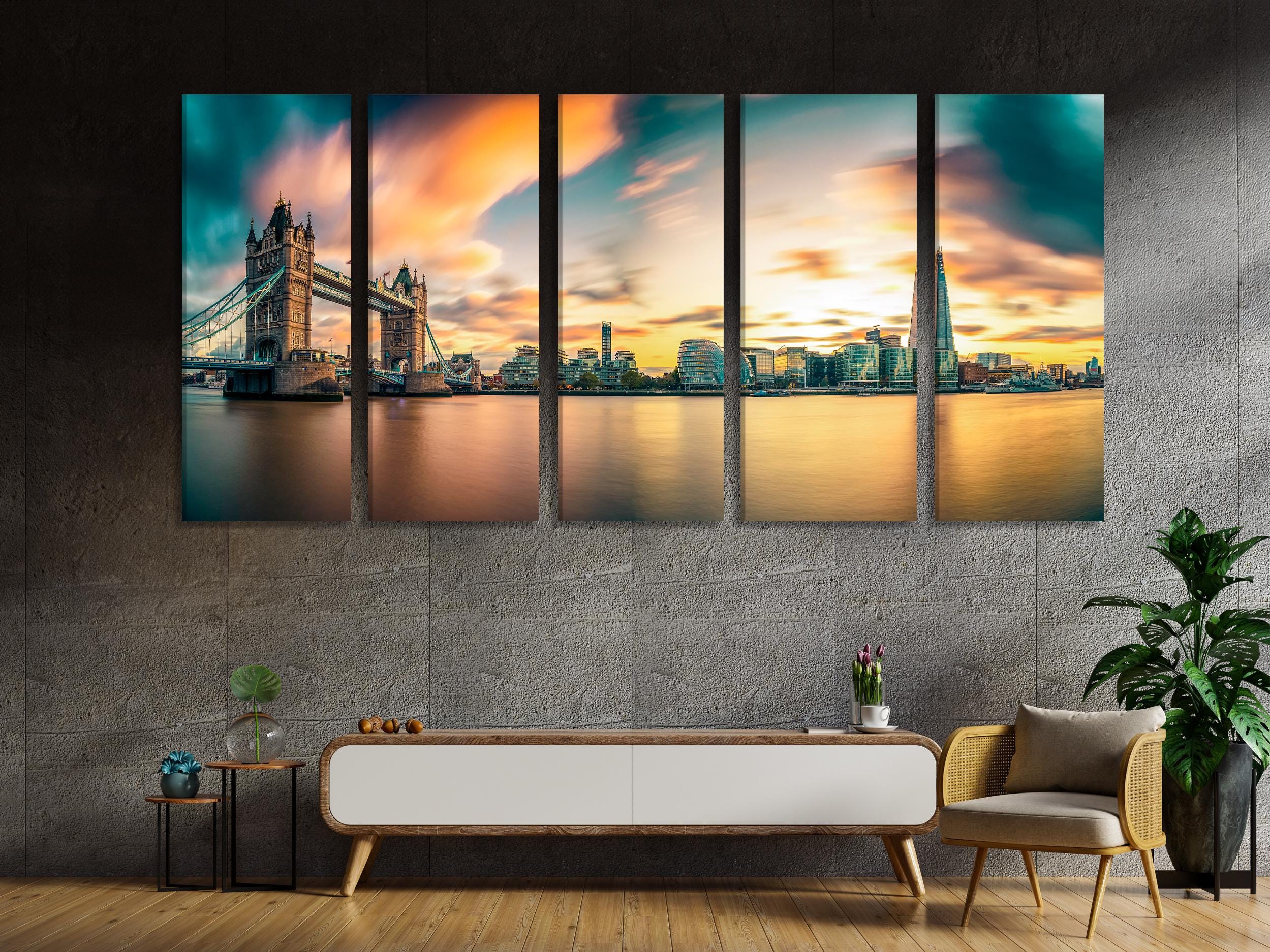 London Skyline Canvas Print, Tower Bridge and The Shard Wall Art, Large London Cityscape, Sunset over Thames River, Iconic British Art Print