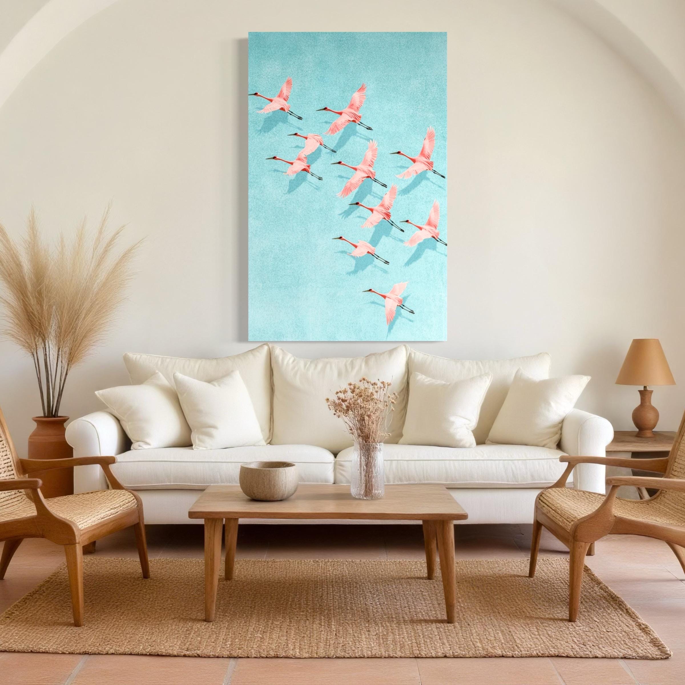 Pink Cranes Wall Art - Coastal Wall Decor, Wildlife Art for Home or Office Decor, Minimalist Style Wall Art, Light Blue Painting Wall Decor